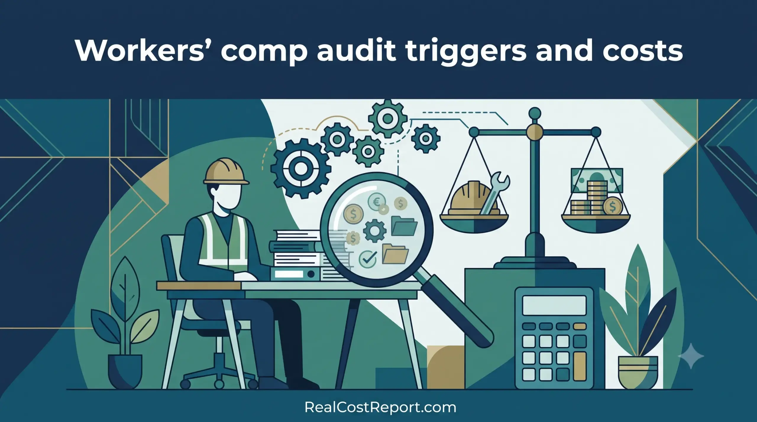 A clean vector illustration for a business blog shows a construction worker sitting at a desk with files under scrutiny by a magnifying glass, next to a balance scale weighing safety gear against money. The headline 'Workers' comp audit triggers and costs' is at the top.