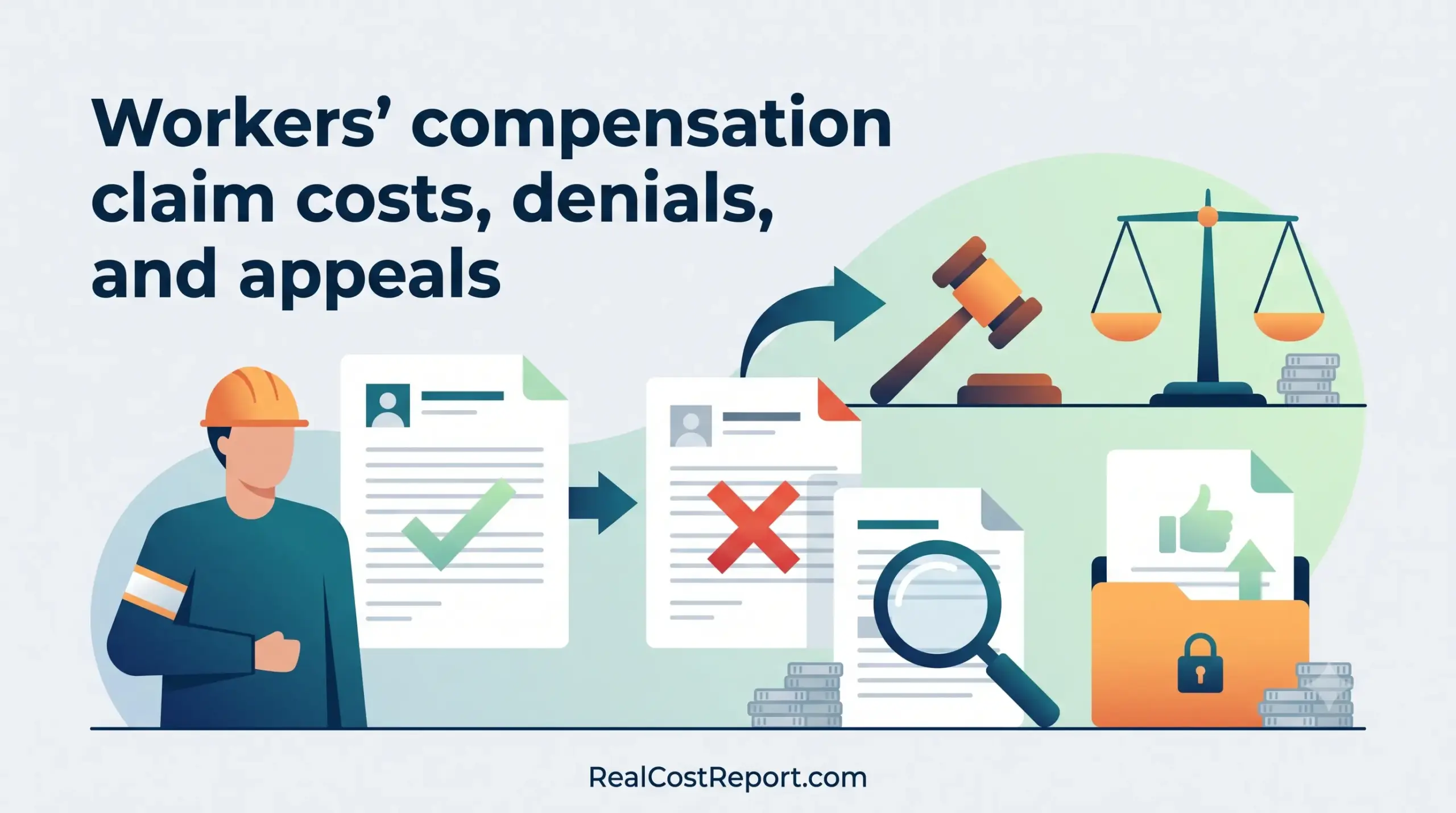 An abstract illustration showing the flow of workers' compensation claims from initial processing and denial to legal appeal and resolution.