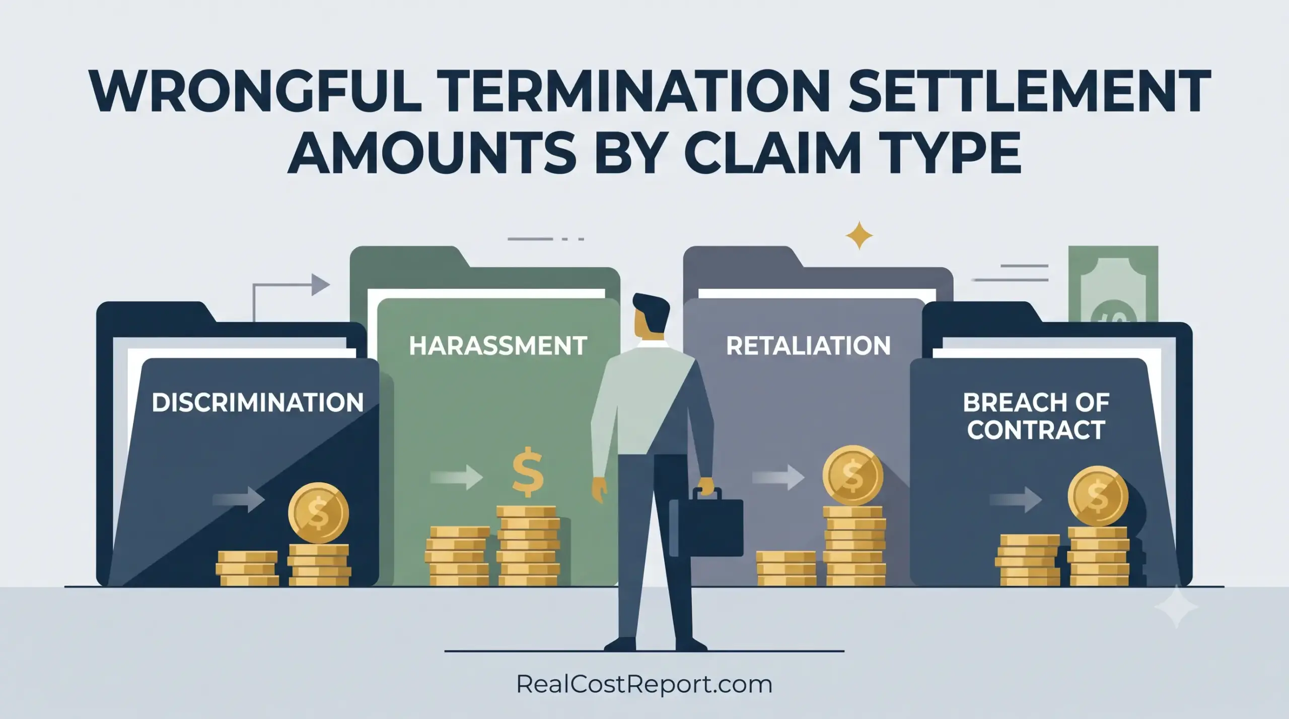 A geometric vector illustration for Real Cost Report showing settlement amounts categorized by discrimination, harassment, retaliation, and breach of contract claim types.