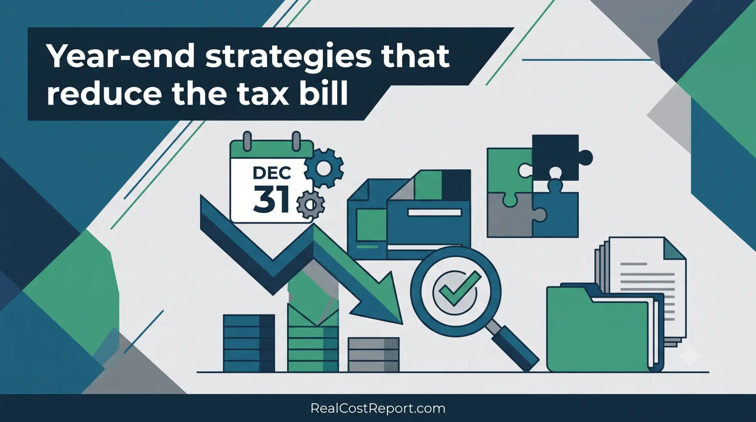 A flat geometric illustration featuring a 'DEC 31' calendar and a downward trend arrow, symbolizing tax reduction strategies.