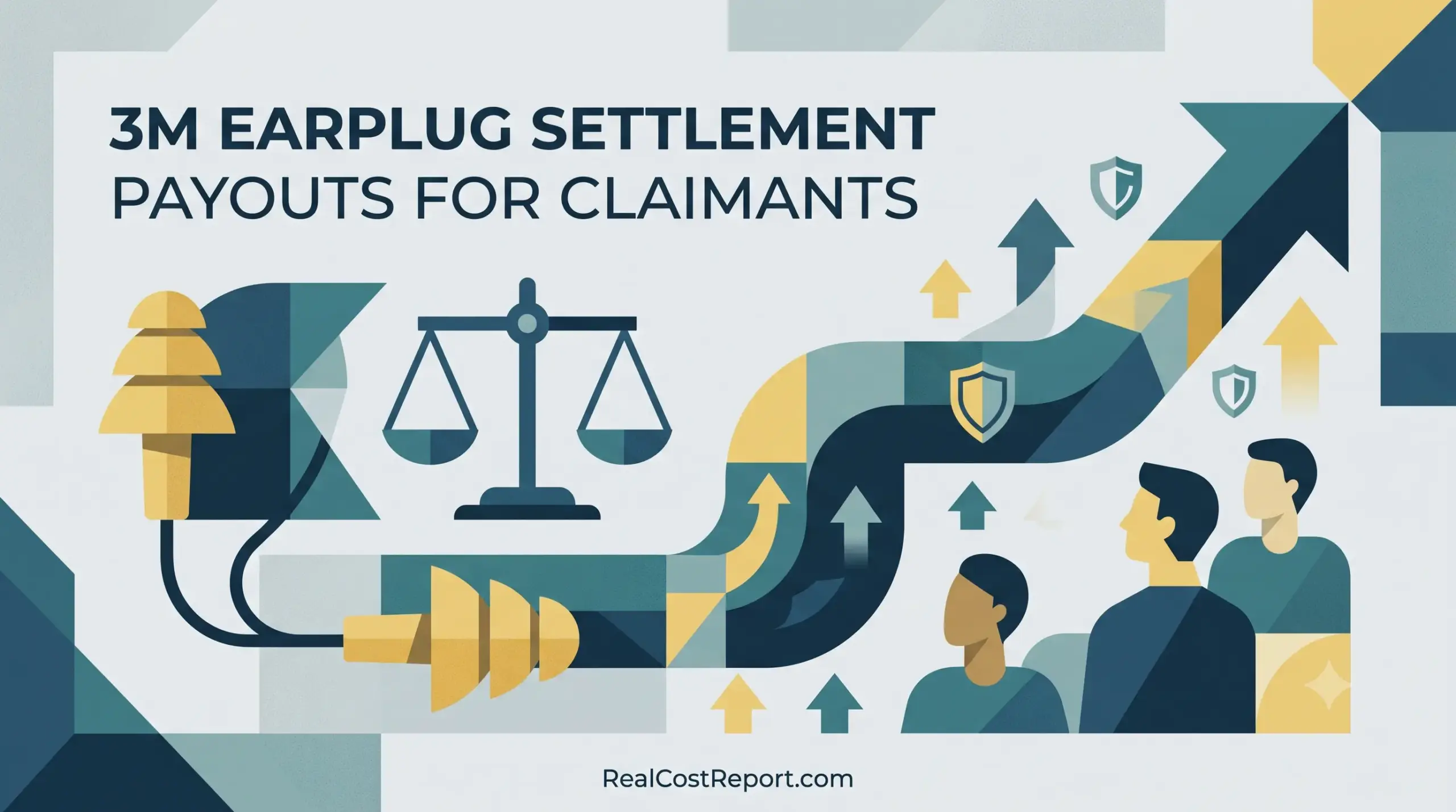 A flat-design vector illustration shows earplugs, a legal scale, and rising arrows with shields, representing the 3M settlement payouts.