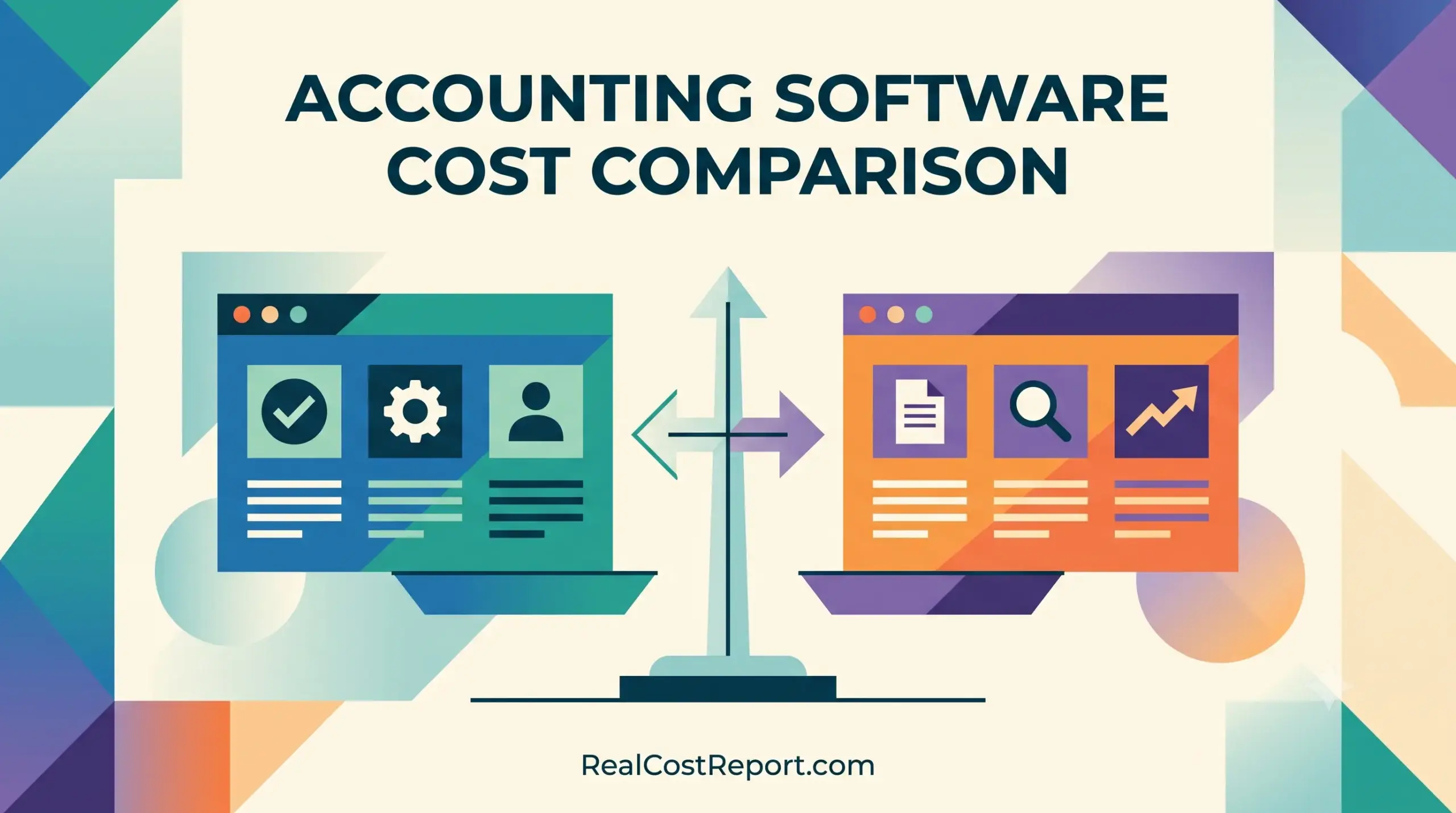 Minimalist geometric vector illustration comparing two abstract accounting software interfaces with arrows and icons, for Real Cost Report.