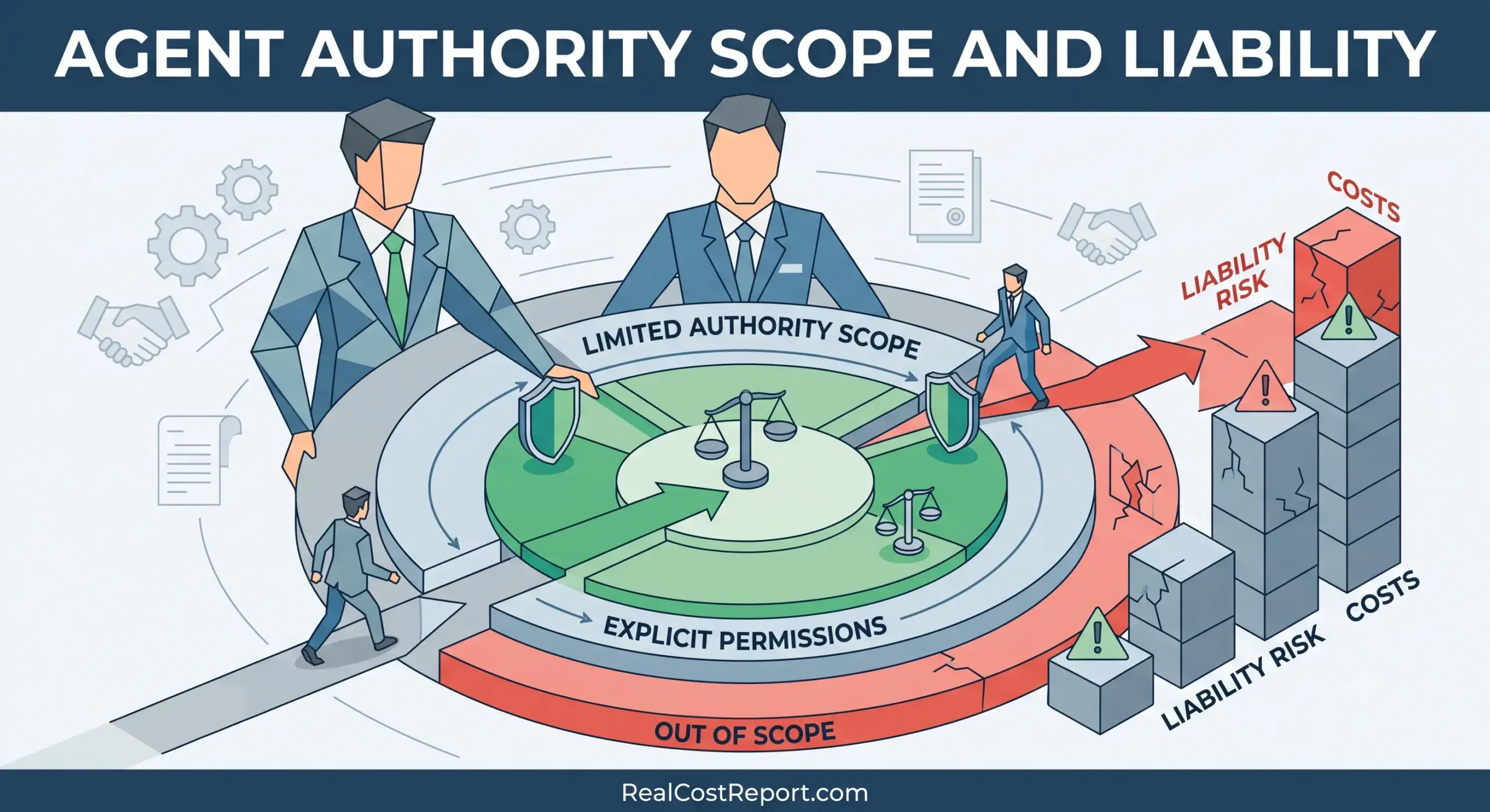 A minimalist geometric vector illustration showing a path from defined authority to implied permission, leading to rising liability risks and real costs.