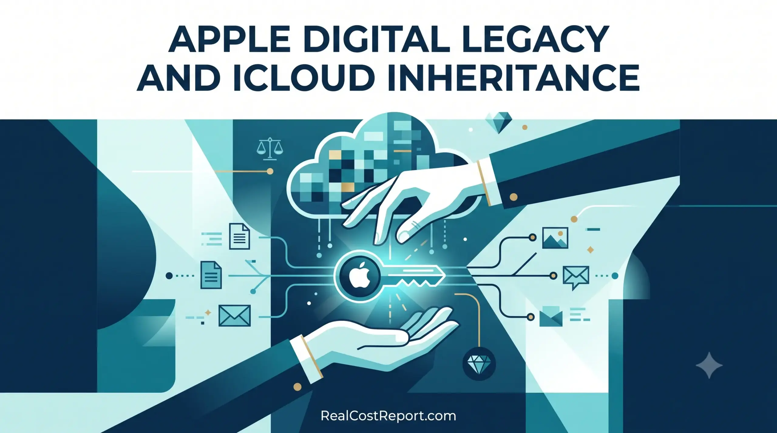 A modern geometric vector illustration showing a large key with an Apple logo being handed down from a cloud, representing data inheritance.