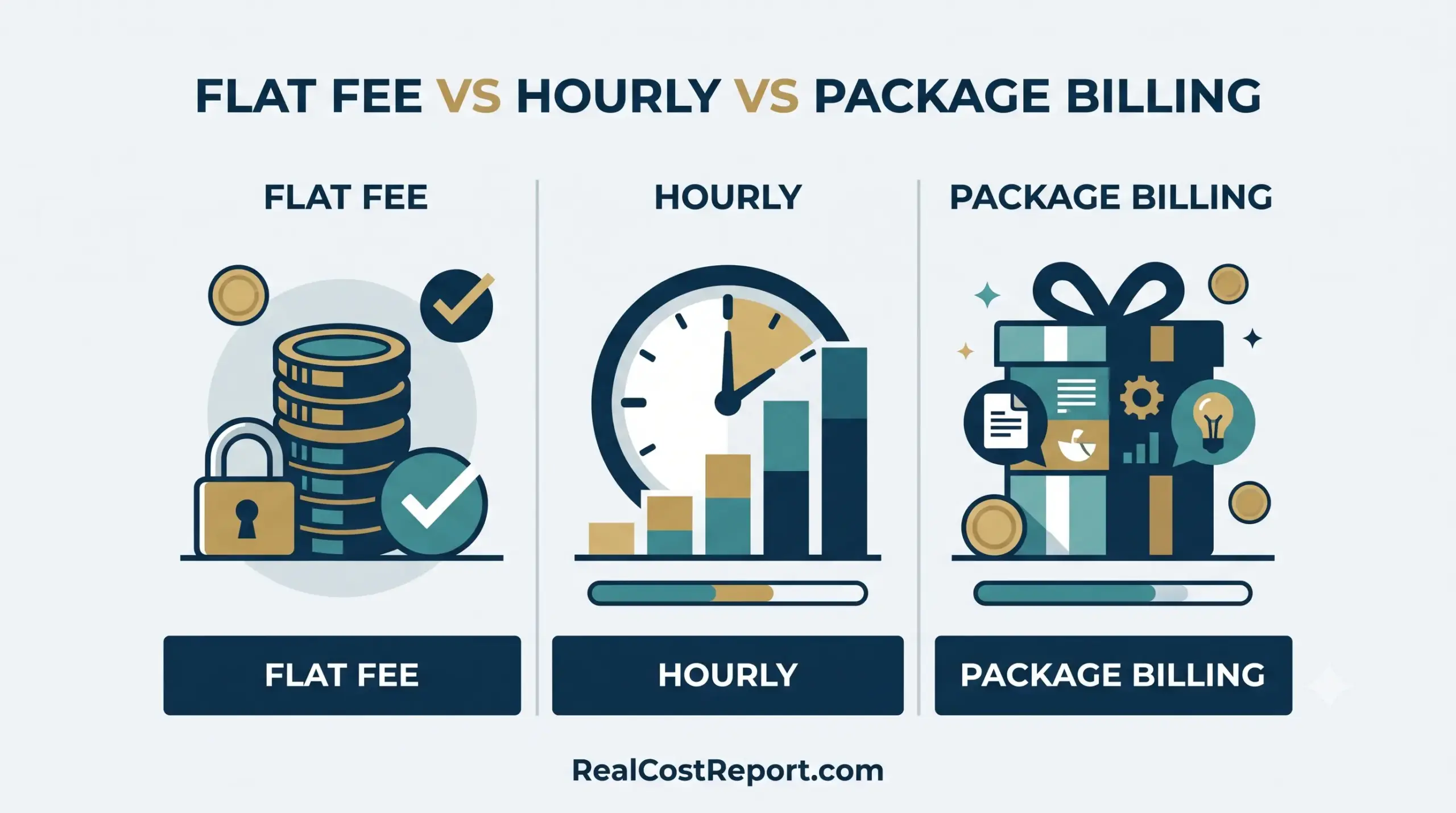 A comparison of flat fee, hourly, and package billing models with geometric icons and cost analysis elements.