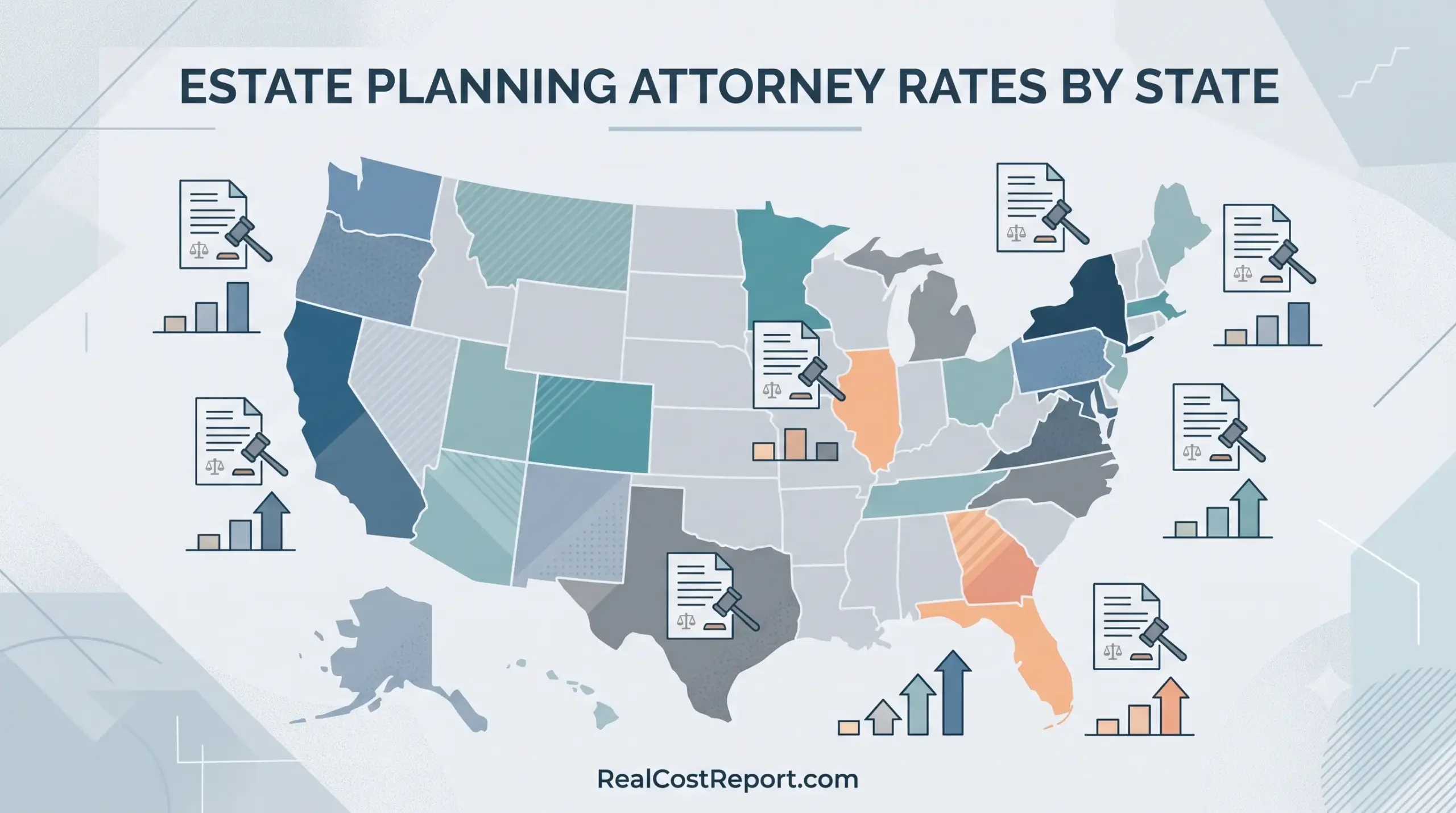 A vector illustration map of the United States with icons showing variations in attorney rates.