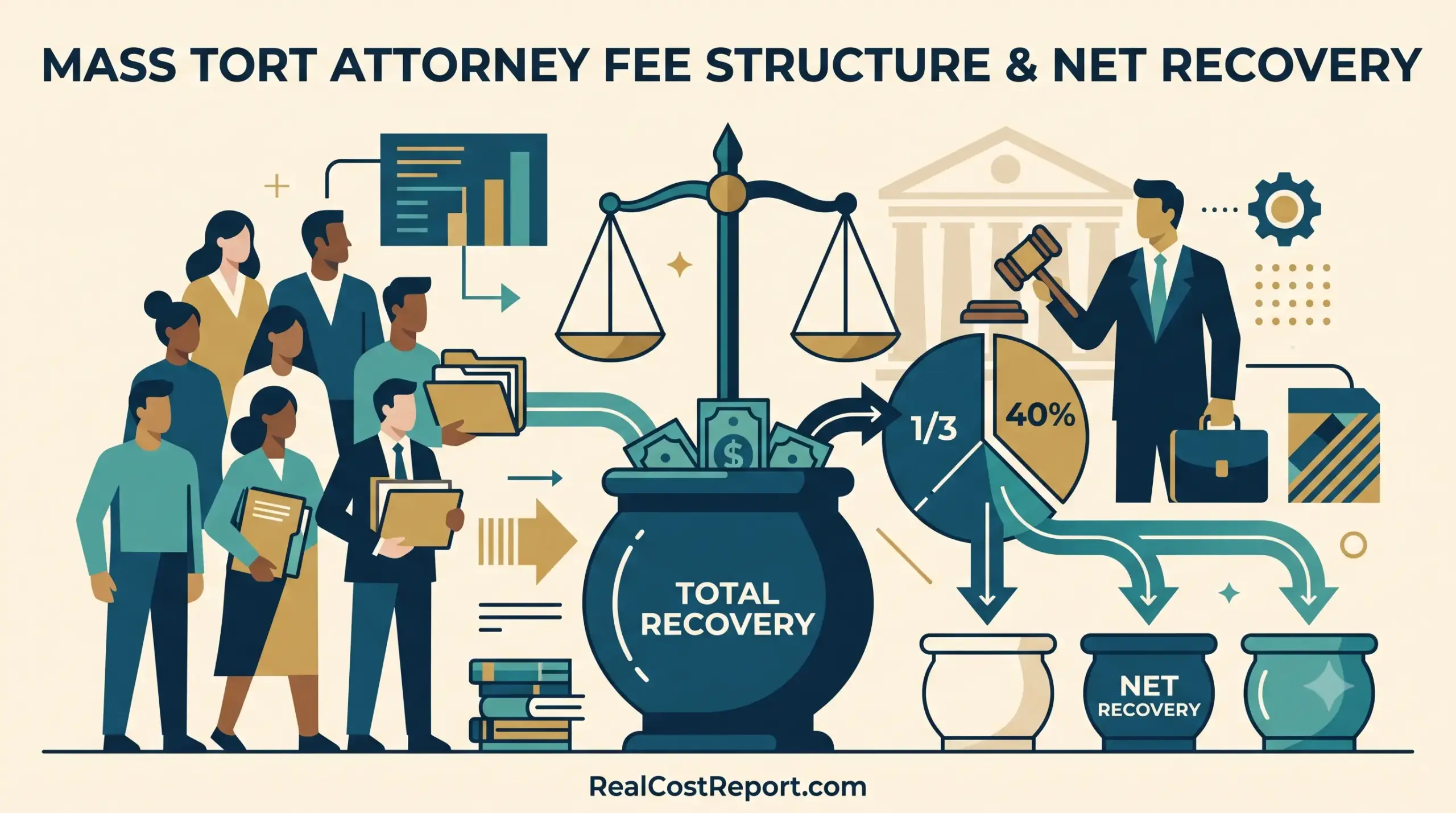 Minimalist geometric illustration showing a balance scale, gavel, and documents representing attorney fee structures and recovery costs.