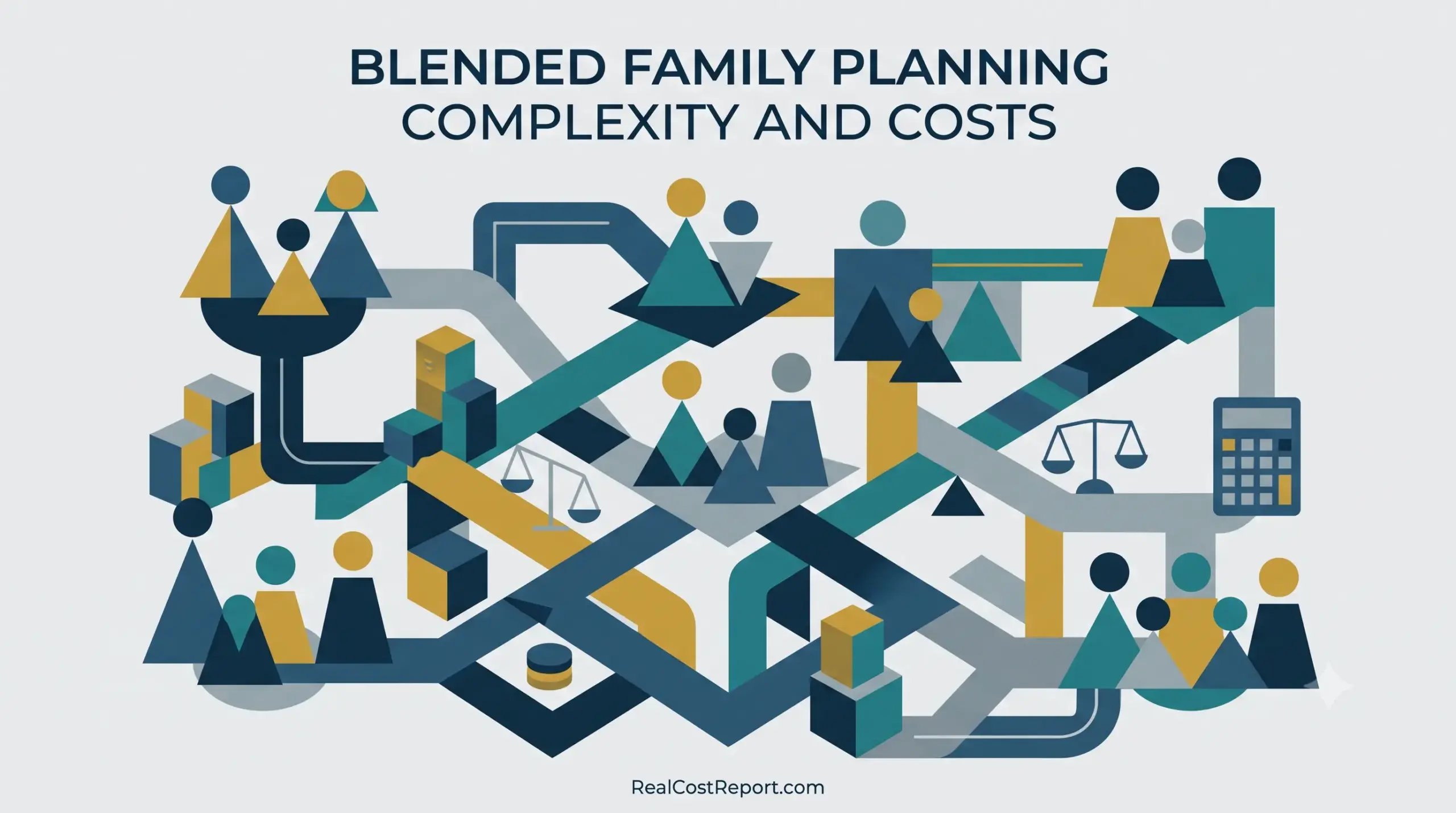 Geometric vector art illustrating complex family connections and planning pathways, with a headline about costs and complexity, for RealCostReport.com.