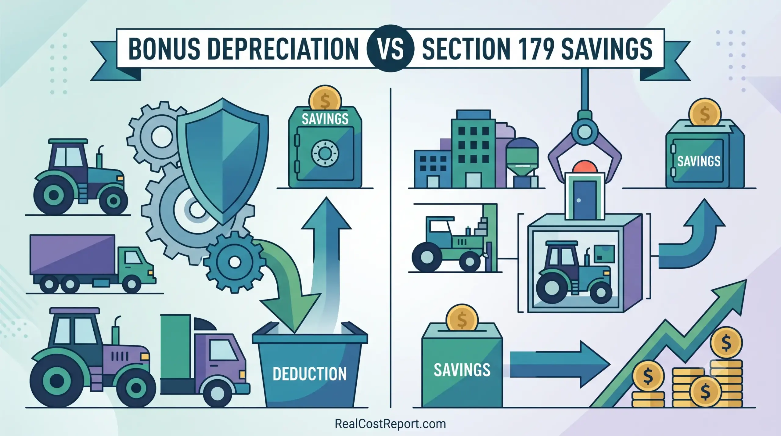 An infographic-style illustration contrasting Bonus Depreciation and Section 179 savings with clean vector icons of trucks, tractors, and savings.