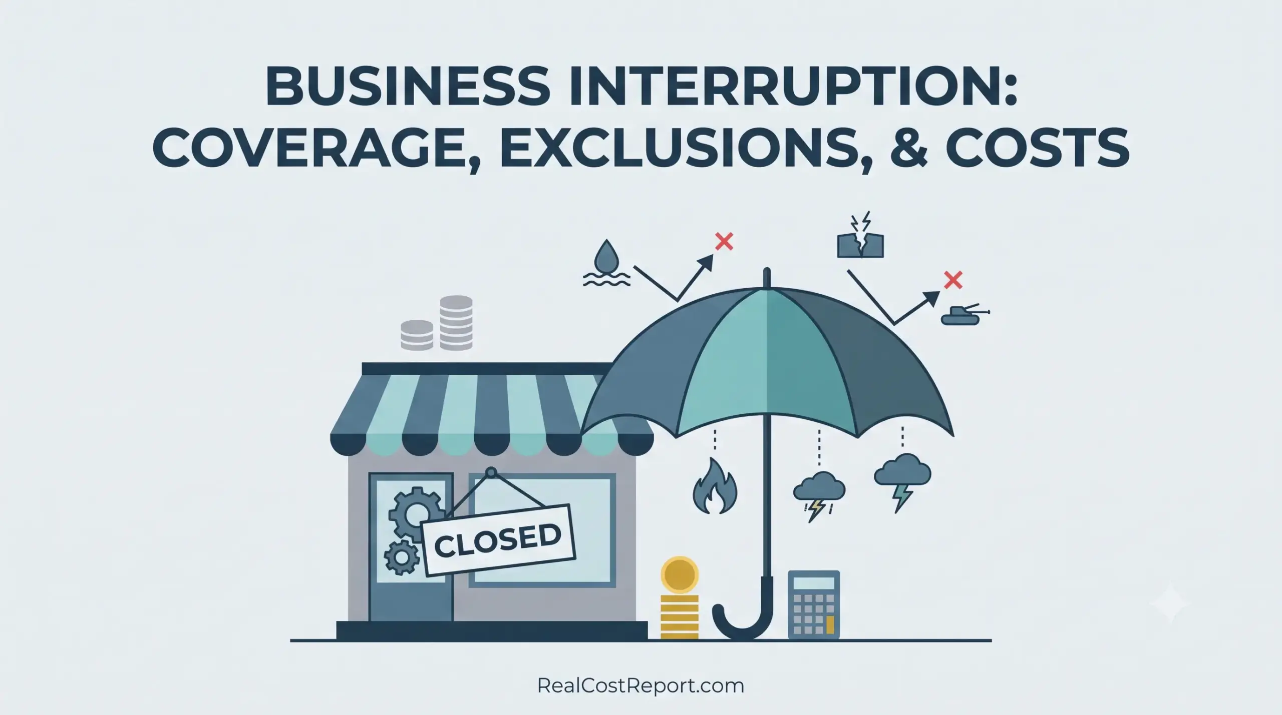 A clean vector illustration shows a closed storefront next to an umbrella with icons representing insurance coverage, exclusions, and costs.