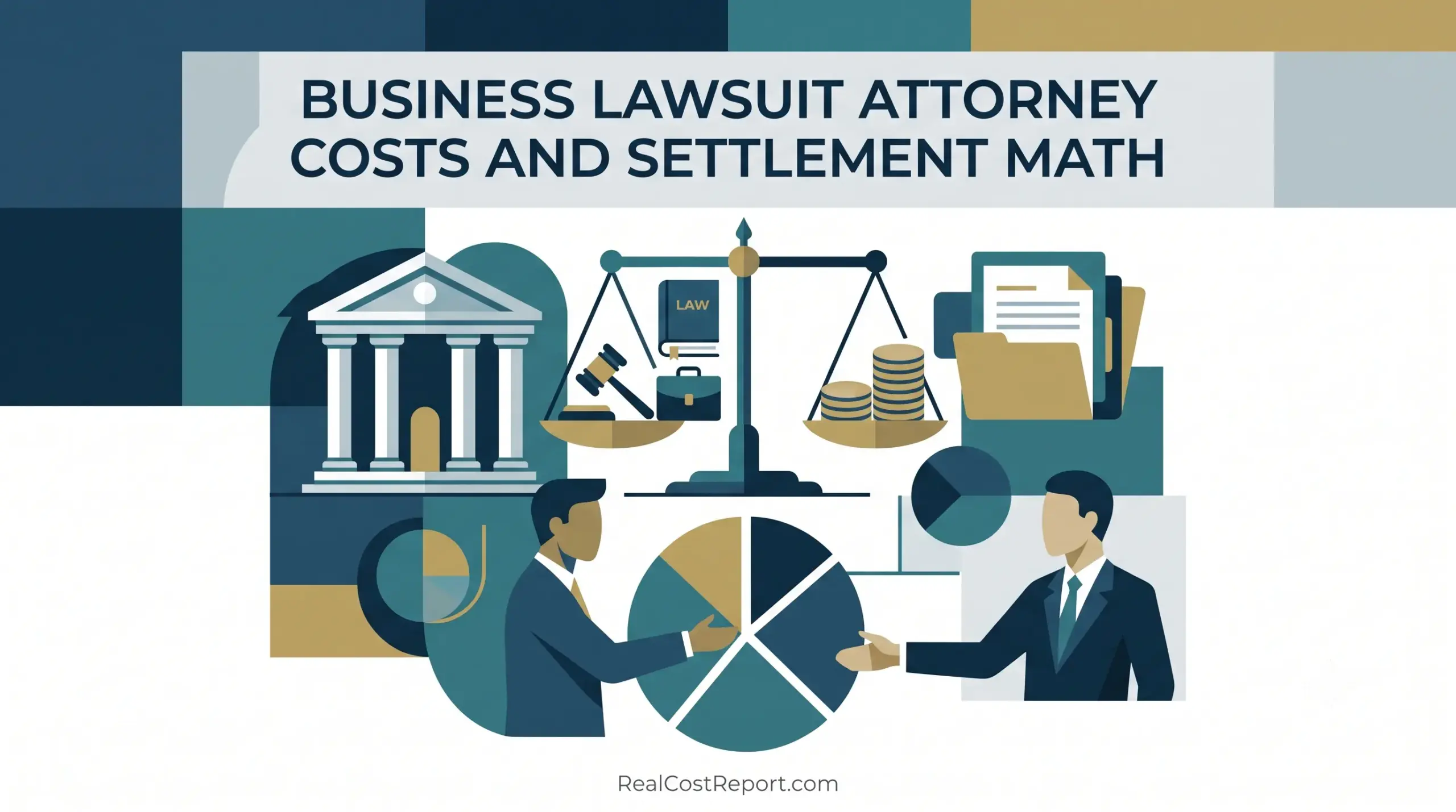 Geometric illustration of a courthouse, scales of justice, and two figures analyzing a pie chart in professional blues.