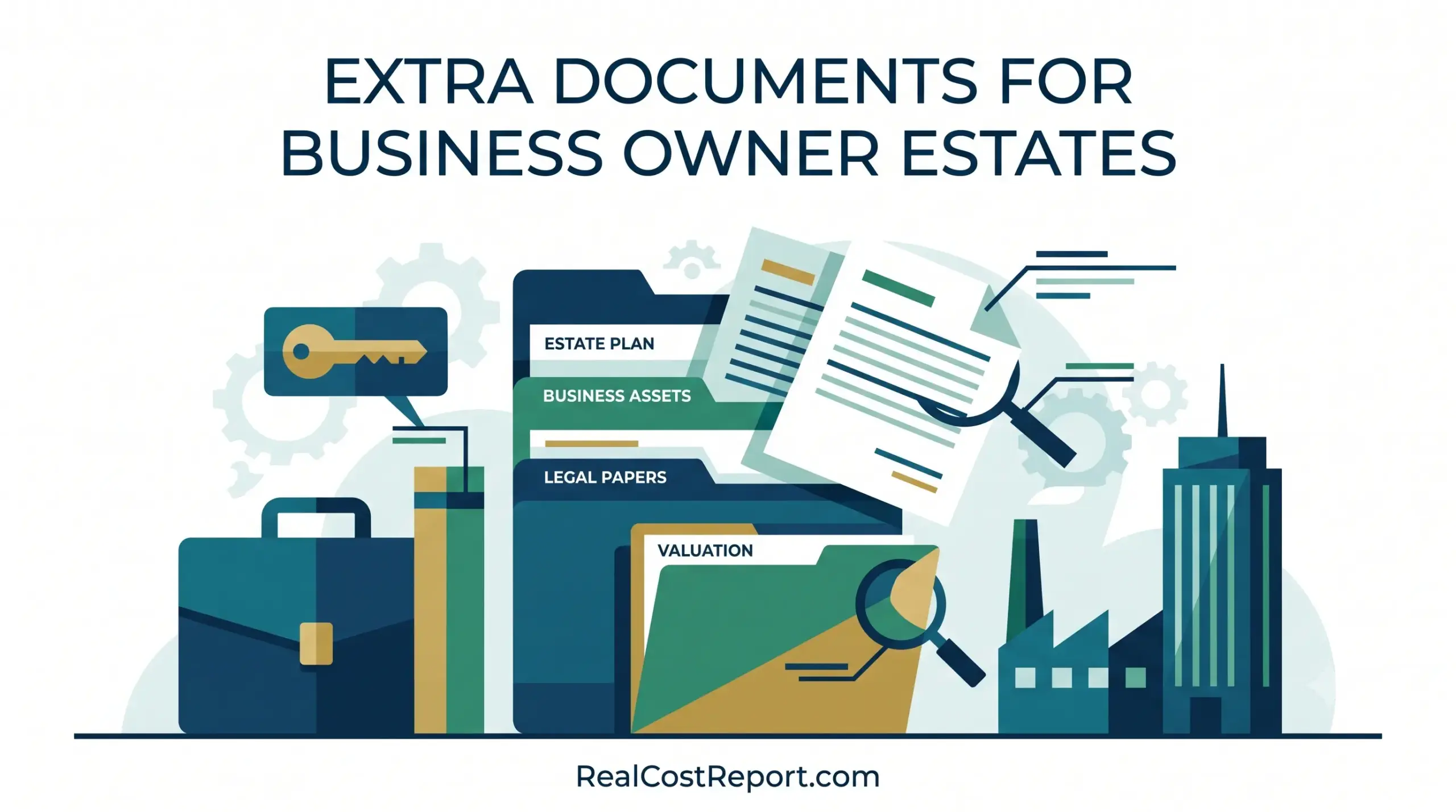Modern flat vector illustration showing folders for estate planning, business assets, and valuations with a building and briefcase.