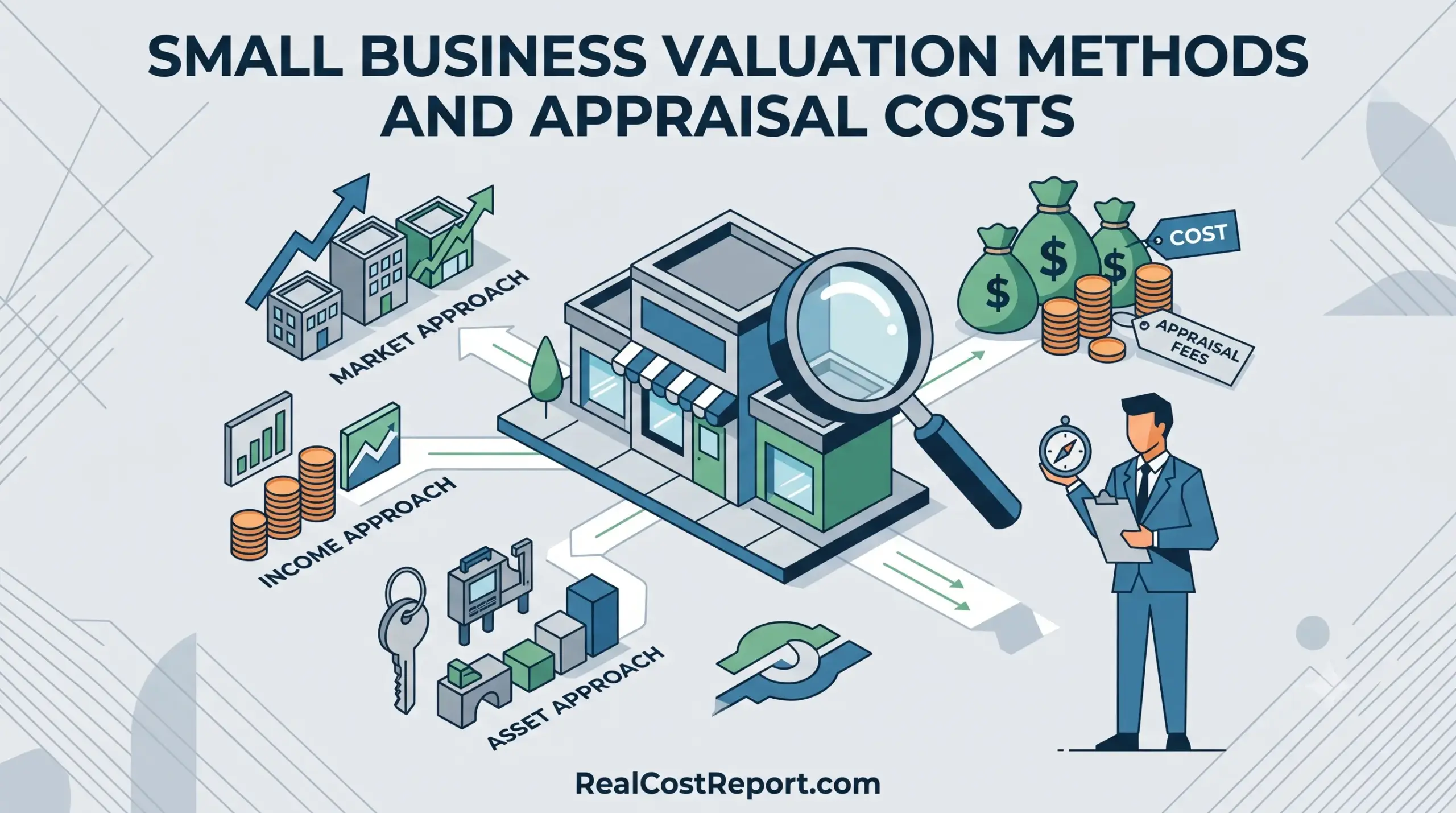An infographic illustration detailing market, income, and asset-based small business valuation methods alongside related appraisal costs.