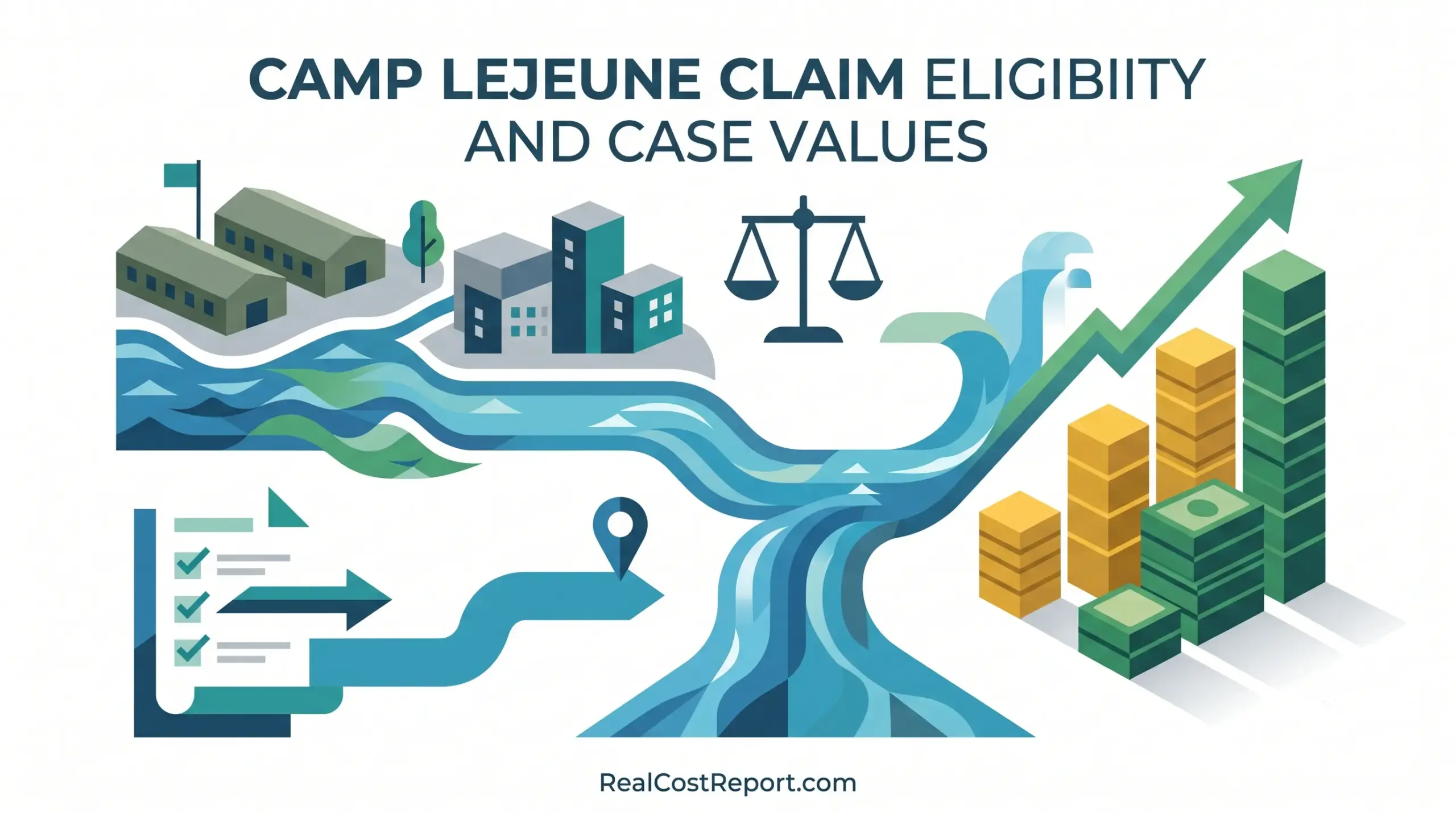 A clean geometric vector illustration showing the journey from a military camp to potential compensation, with buildings, water, and stacks of money.