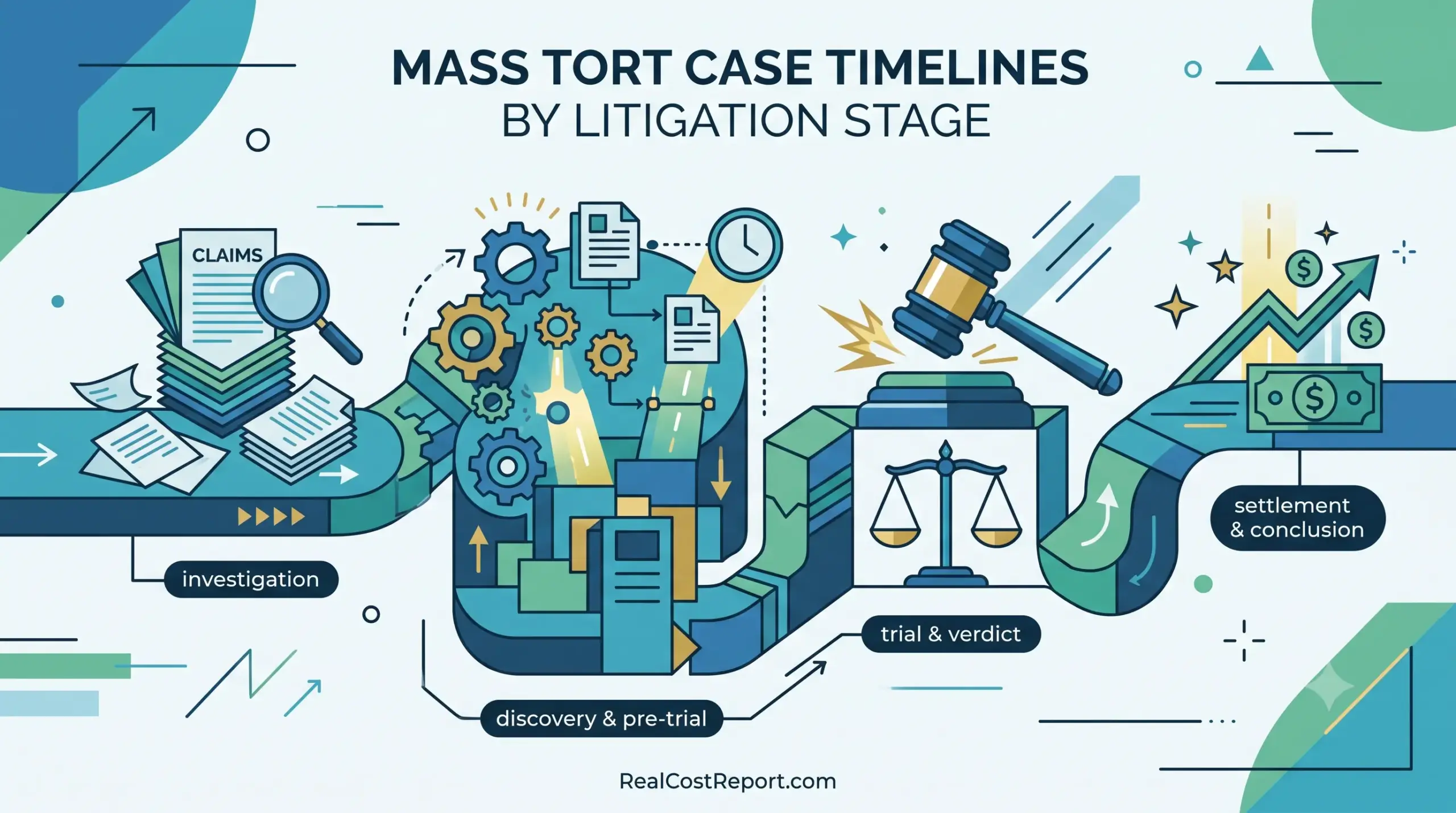 Geometric infographic tracing a mass tort lawsuit from investigation to settlement, using a modern flat design.