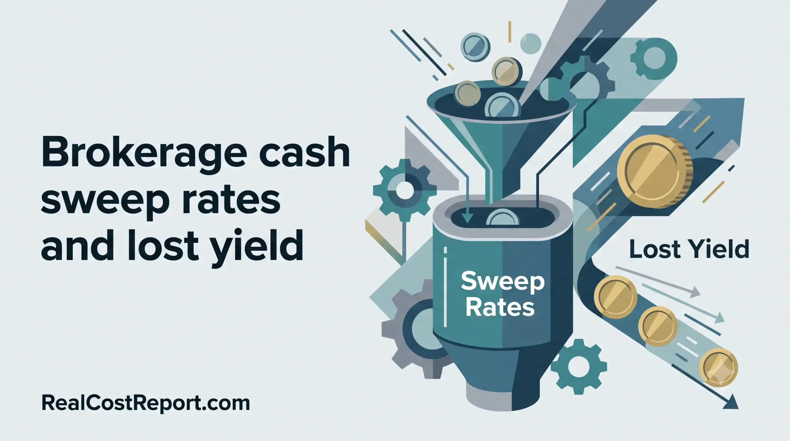 A modern geometric illustration shows coins entering a funnel labeled "Sweep Rates," while other coins divert to a downward path marked "Lost Yield." RealCostReport.com is at the bottom.