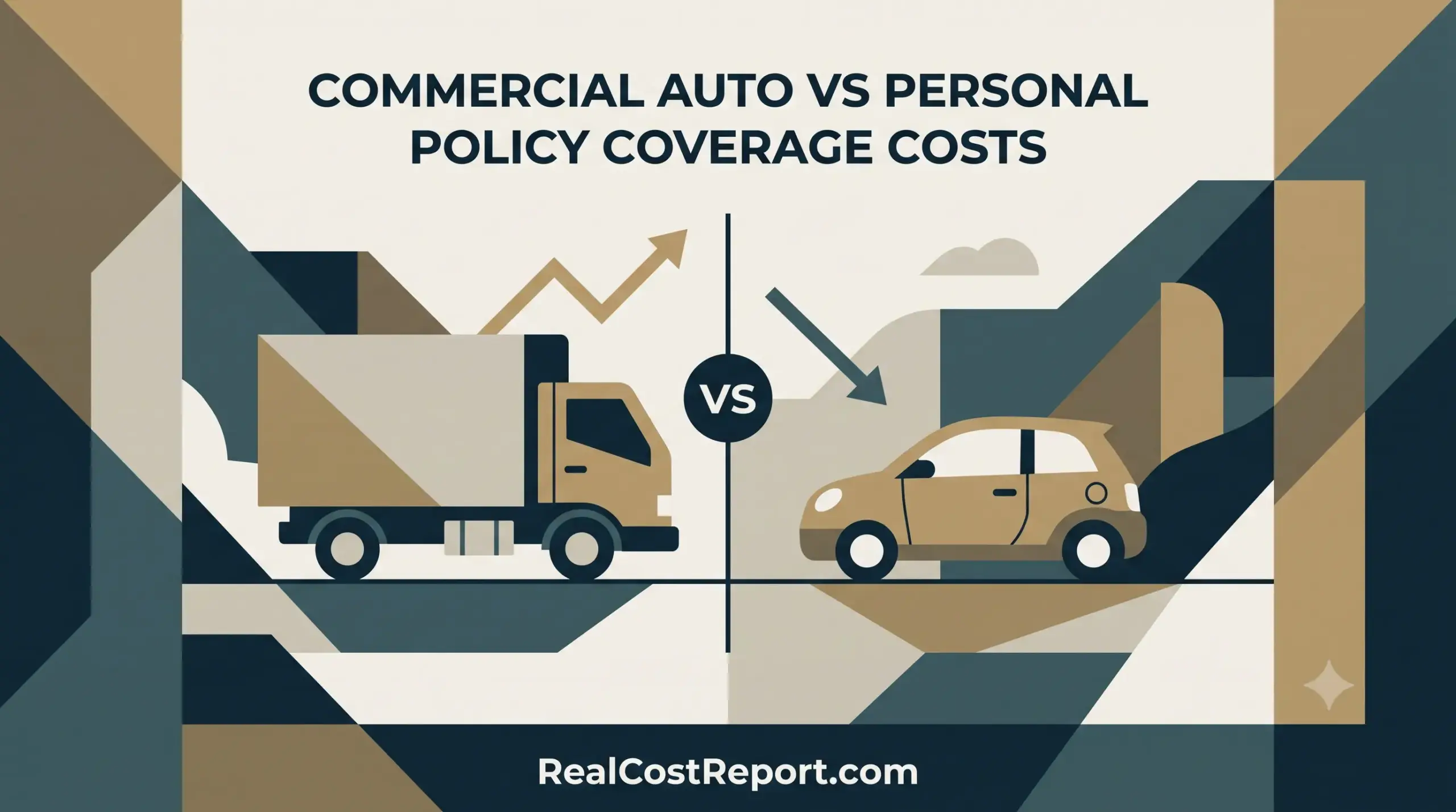 Flat vector illustration comparing a commercial truck and personal car insurance costs under the Real Cost Report banner.