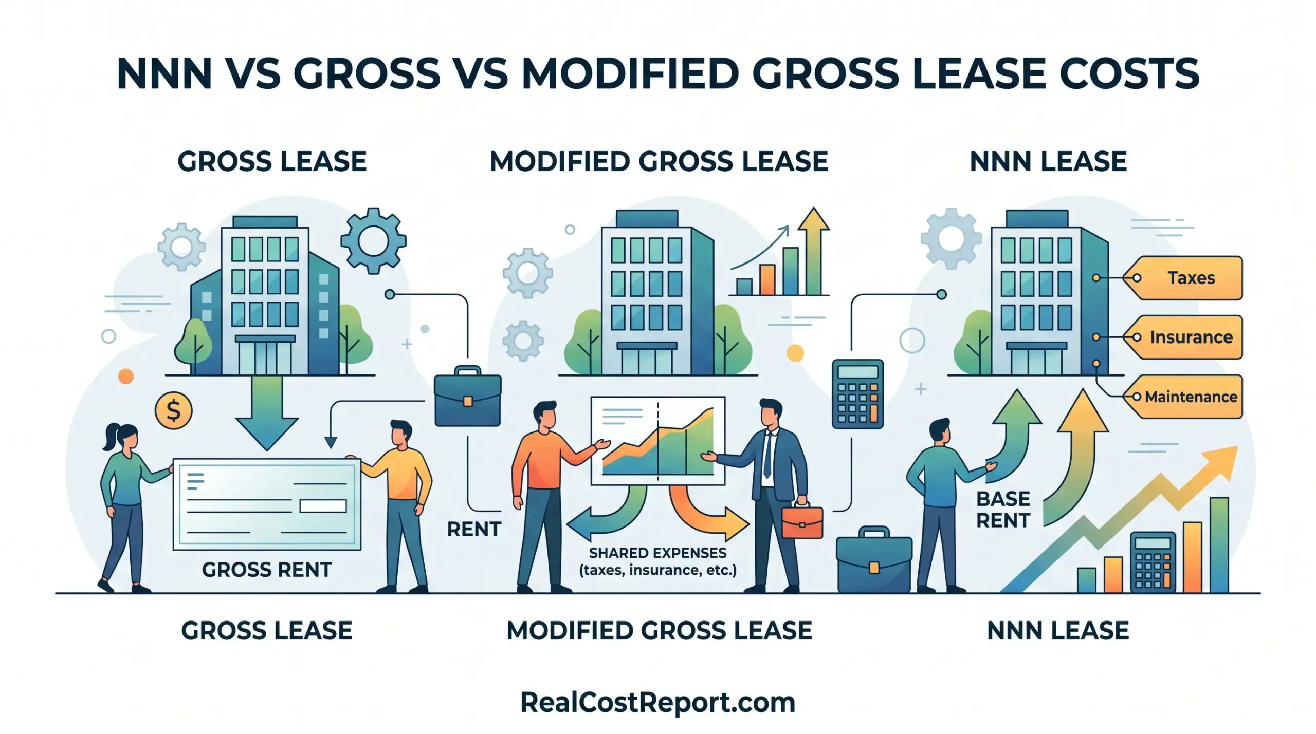 A vector infographic comparing commercial lease structures: Gross Lease (tenant pays one sum), Modified Gross (shared costs), and NNN Lease (tenant pays rent plus taxes, insurance, and maintenance).