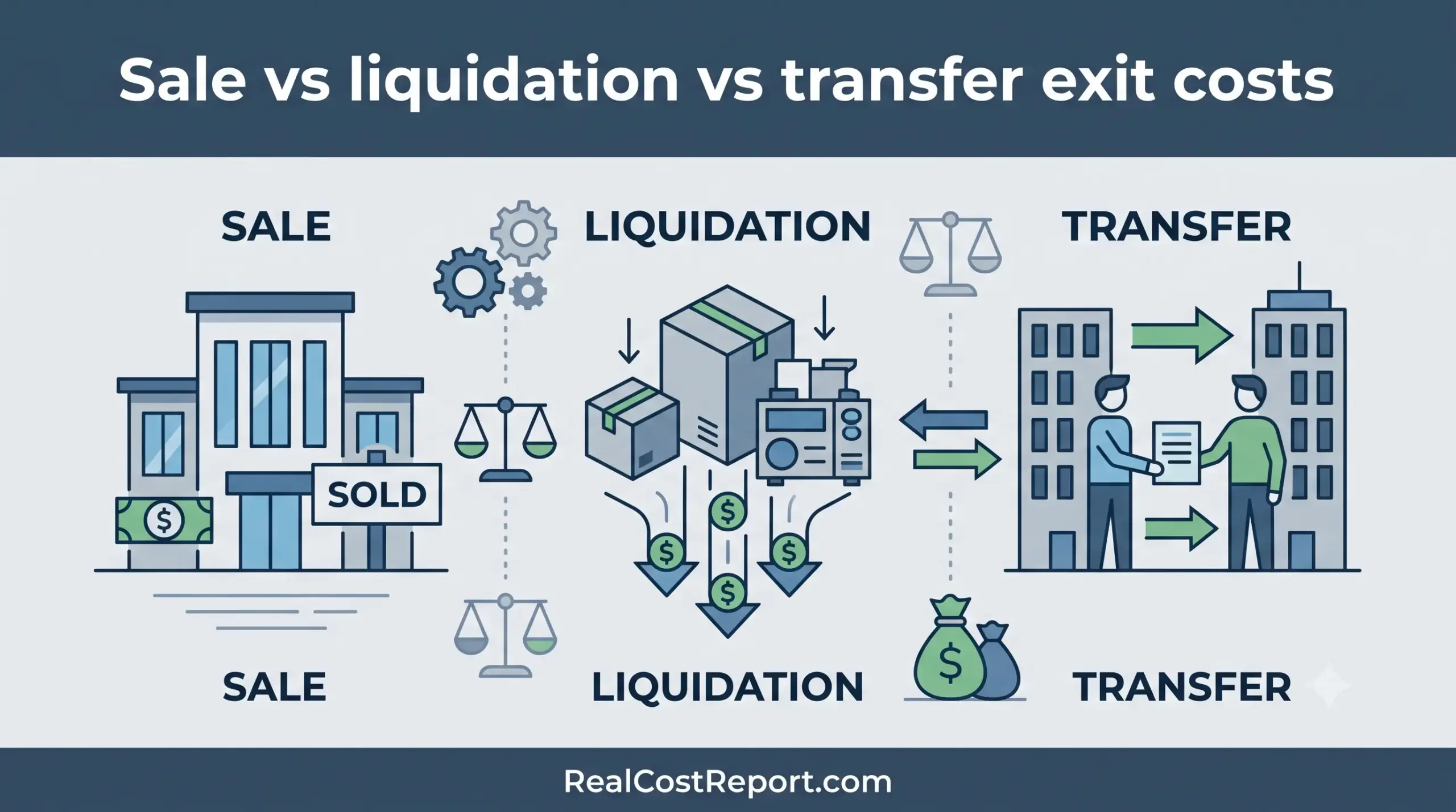 An illustrative comparison of the geometric icons representing business exit costs for sale, liquidation, and ownership transfer.
