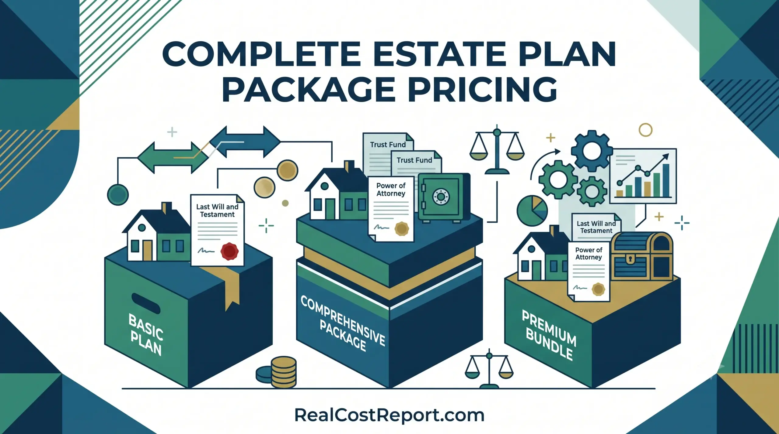 Geometric vector illustration showing legal documents, a house, and scales of justice representing estate planning costs.