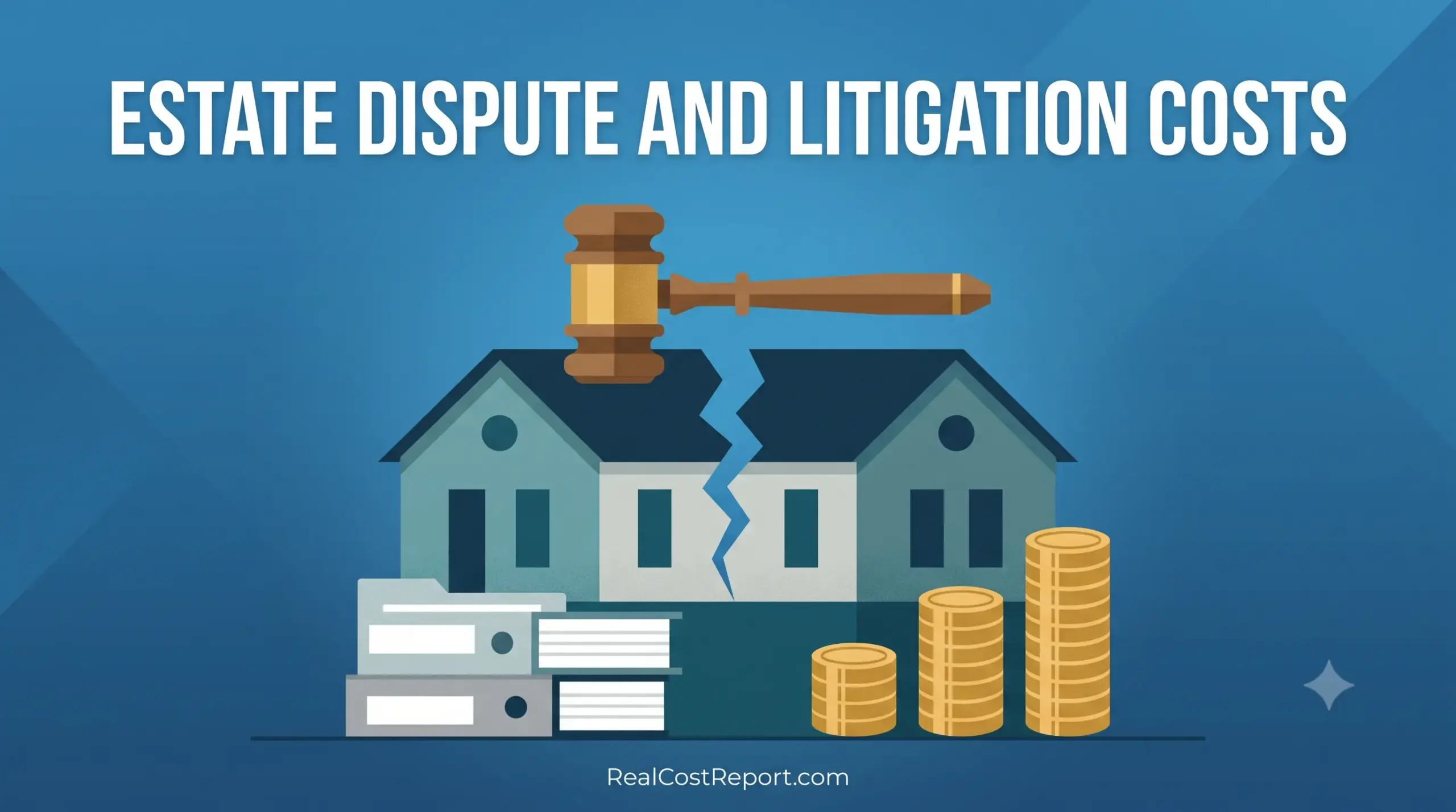 A vector illustration of a cracked house below a gavel and stacks of coins, illustrating estate dispute costs.