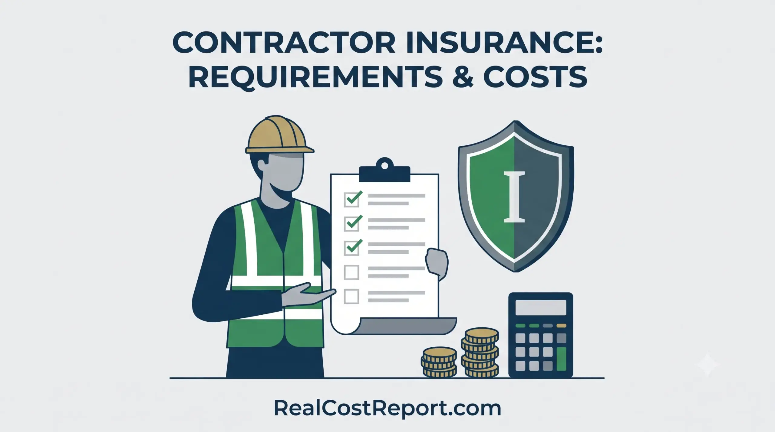 Minimal illustration of a contractor with a checklist, shield, coins, and calculator, representing insurance costs and requirements.