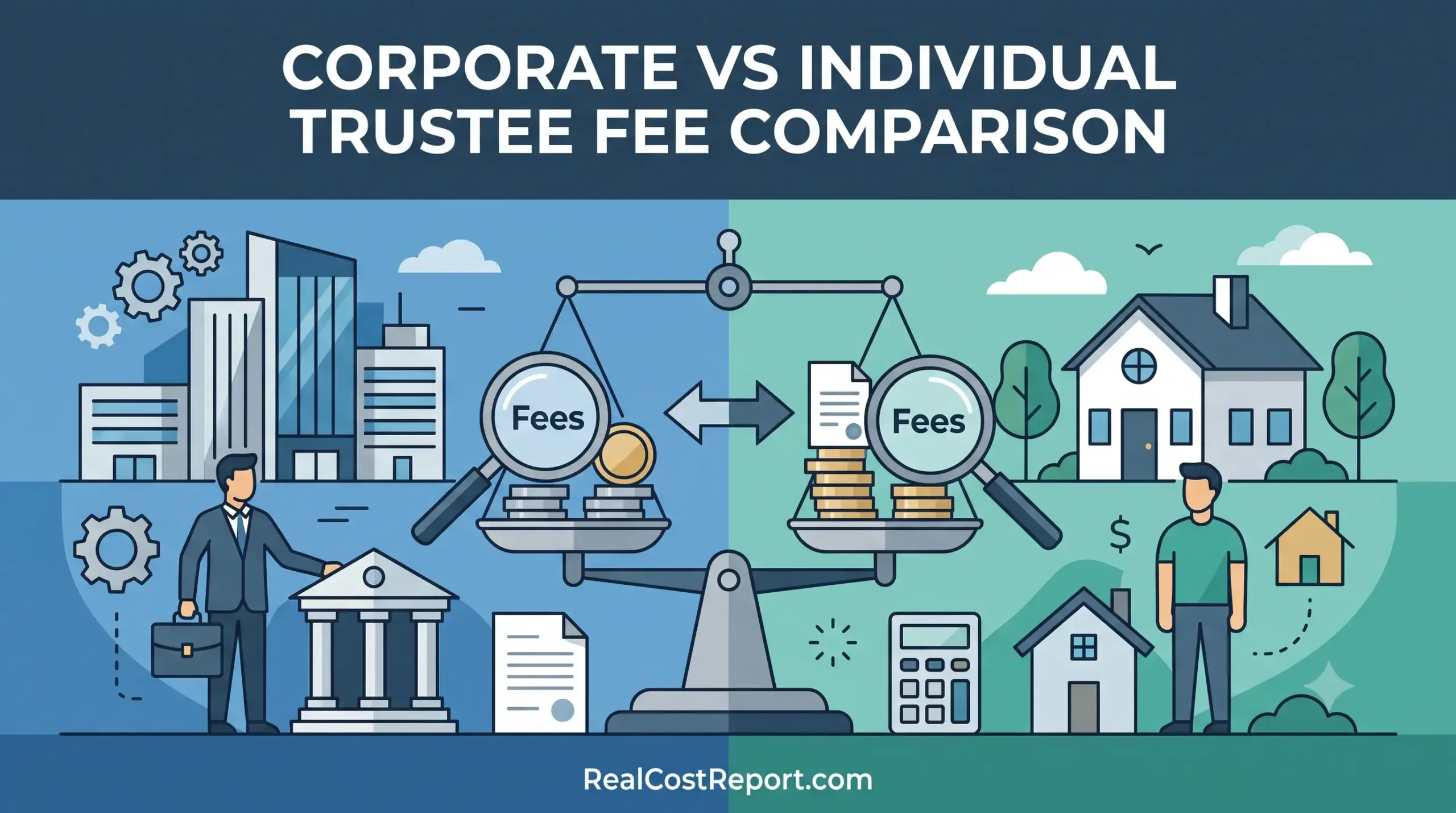 Geometric illustration comparing corporate and individual trustee fees using modern, minimal symbols for buildings, houses, and scales.