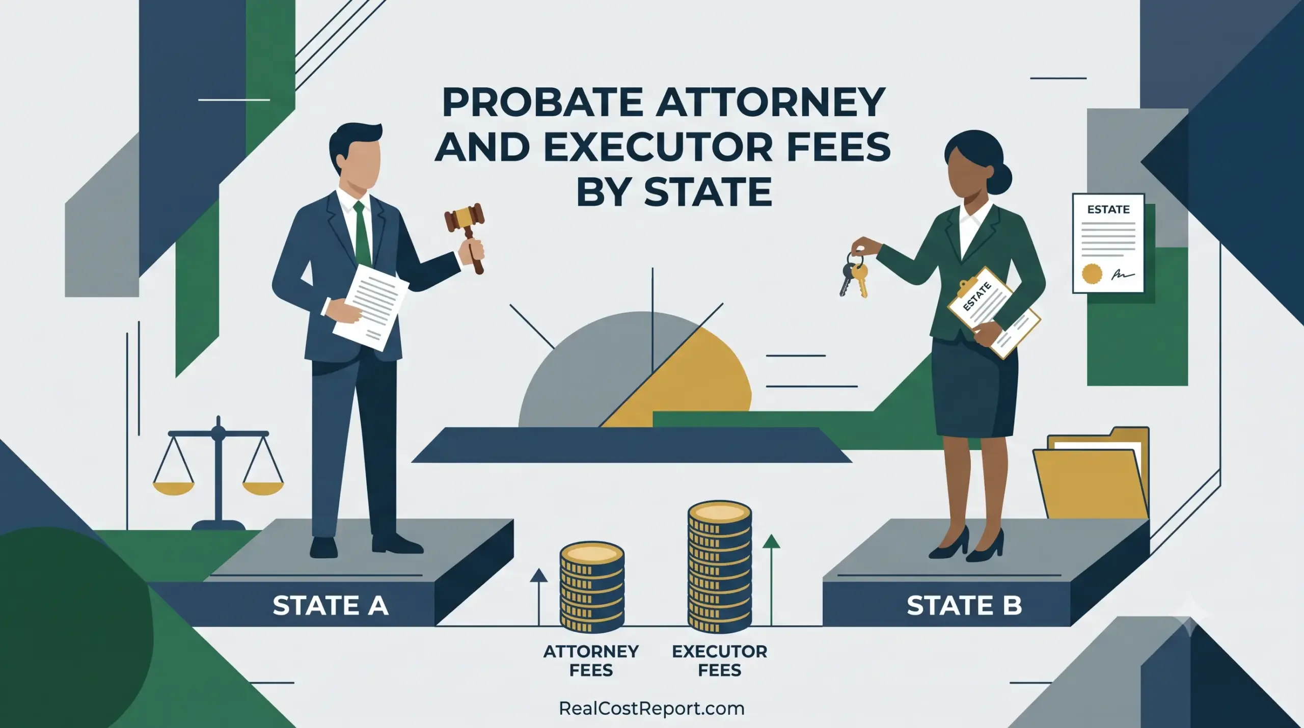 A geometric vector illustration contrasting probate attorney and executor fees between two states, featuring professional figures and coins.