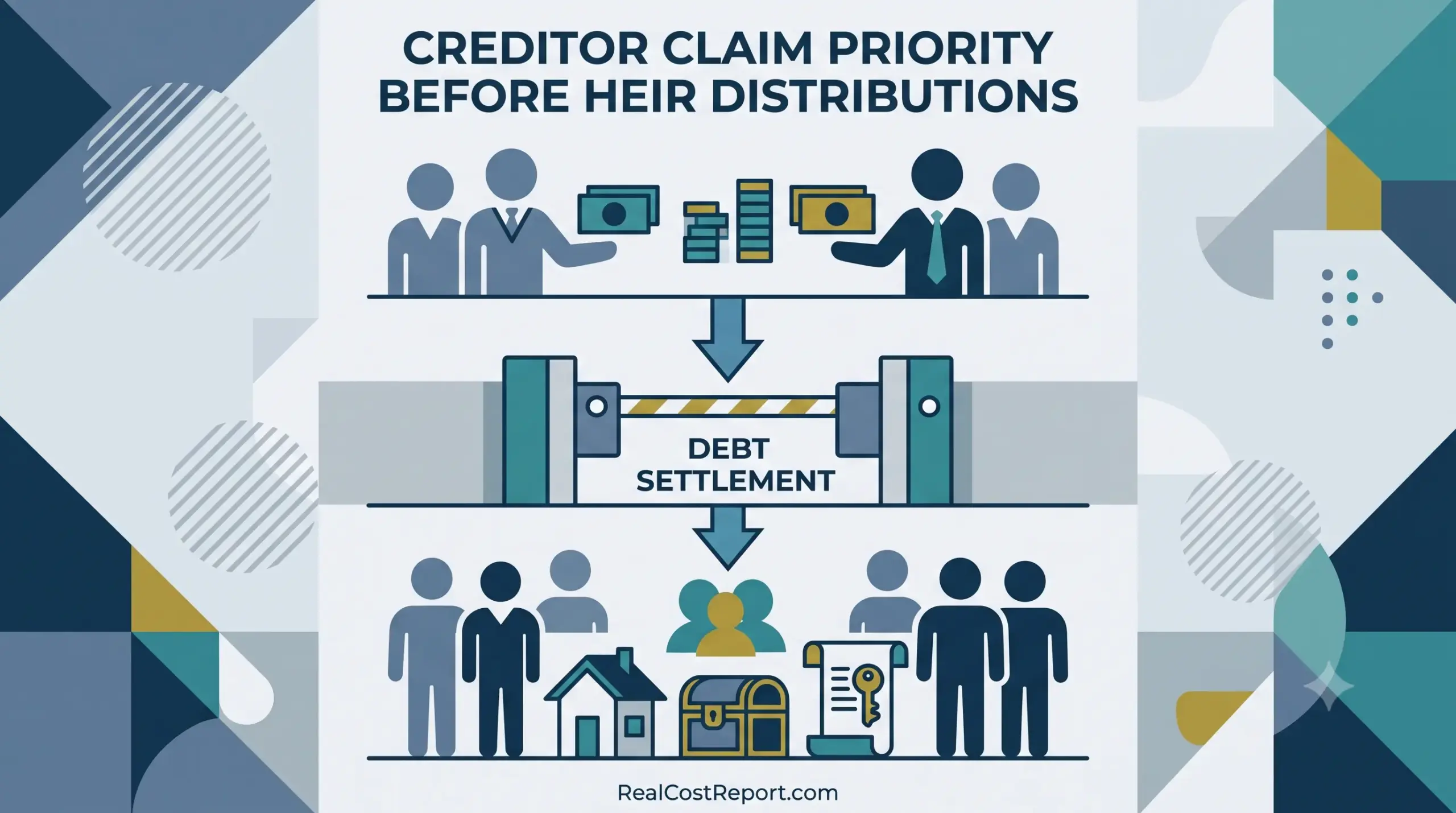 A geometric diagram illustrating debt settlement. The graphic shows a flow where debt is paid before remaining assets are distributed.