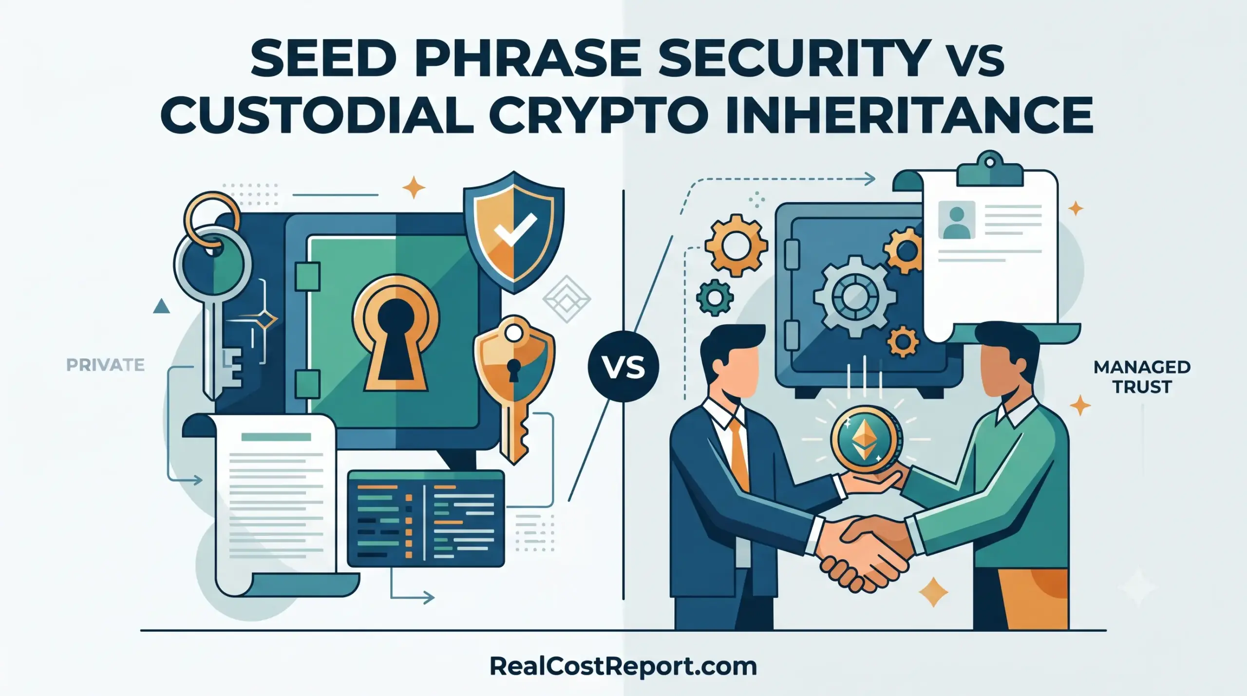 A split vector graphic comparing a secure vault with keys to two figures handling custodial crypto inheritance.
