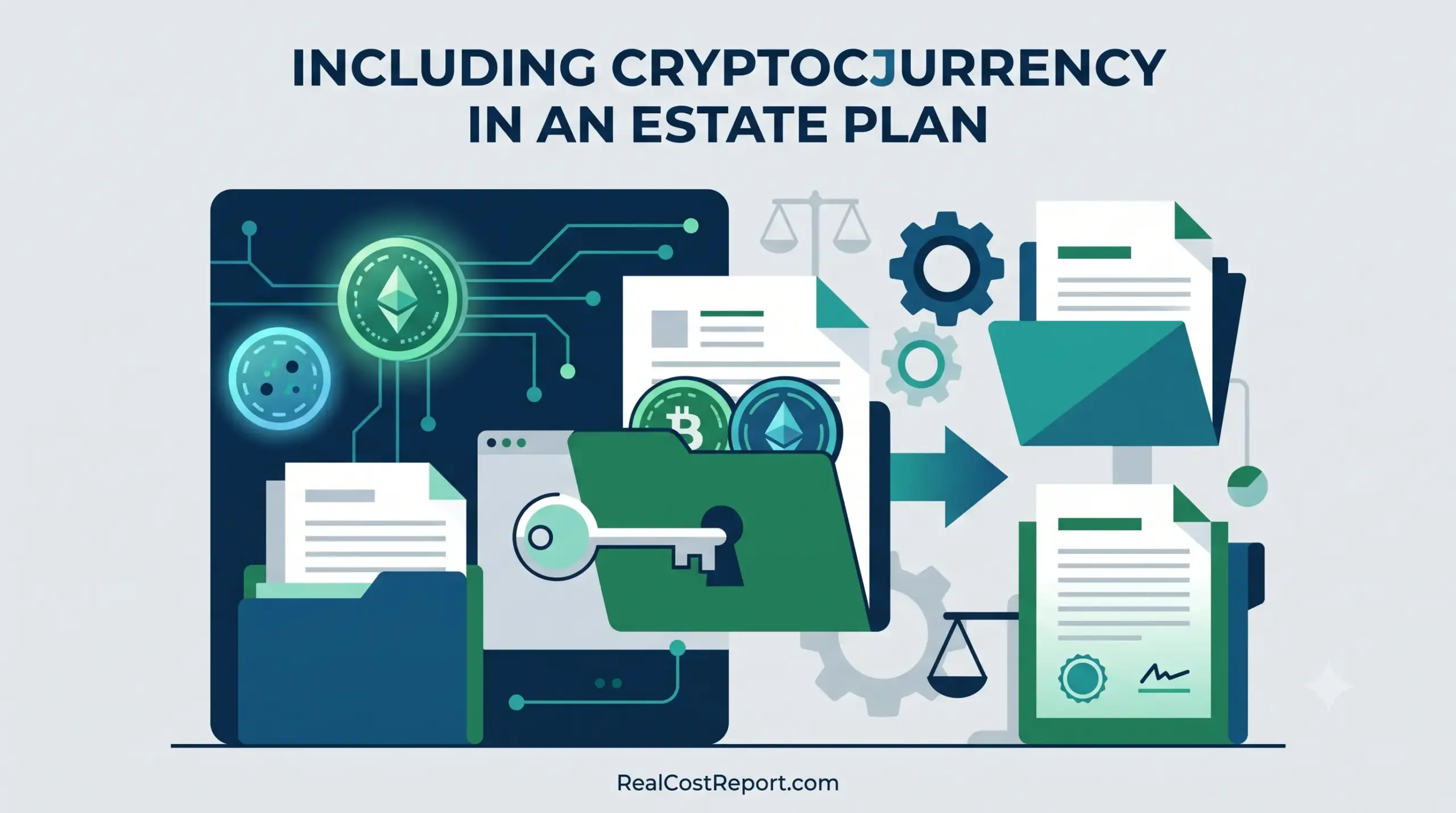 A minimal vector illustration combining digital circuitry and cryptocurrency symbols with folders, keys, and legal documents for estate planning. RealCostReport.com appears at the bottom.