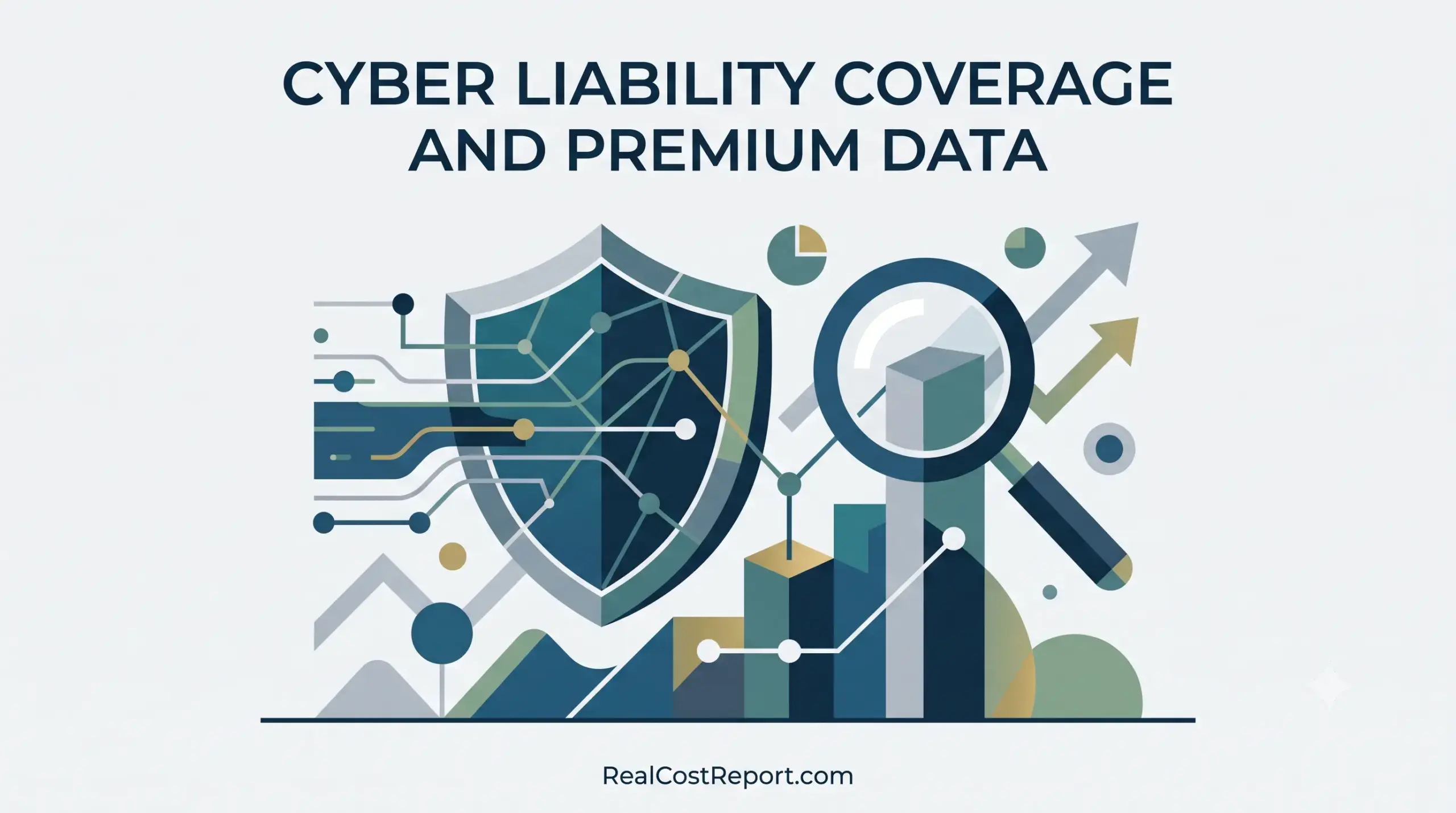 Geometric vector illustration featuring a digital shield, circuit lines, and magnifying glass over abstract data bars, representing cyber liability coverage.