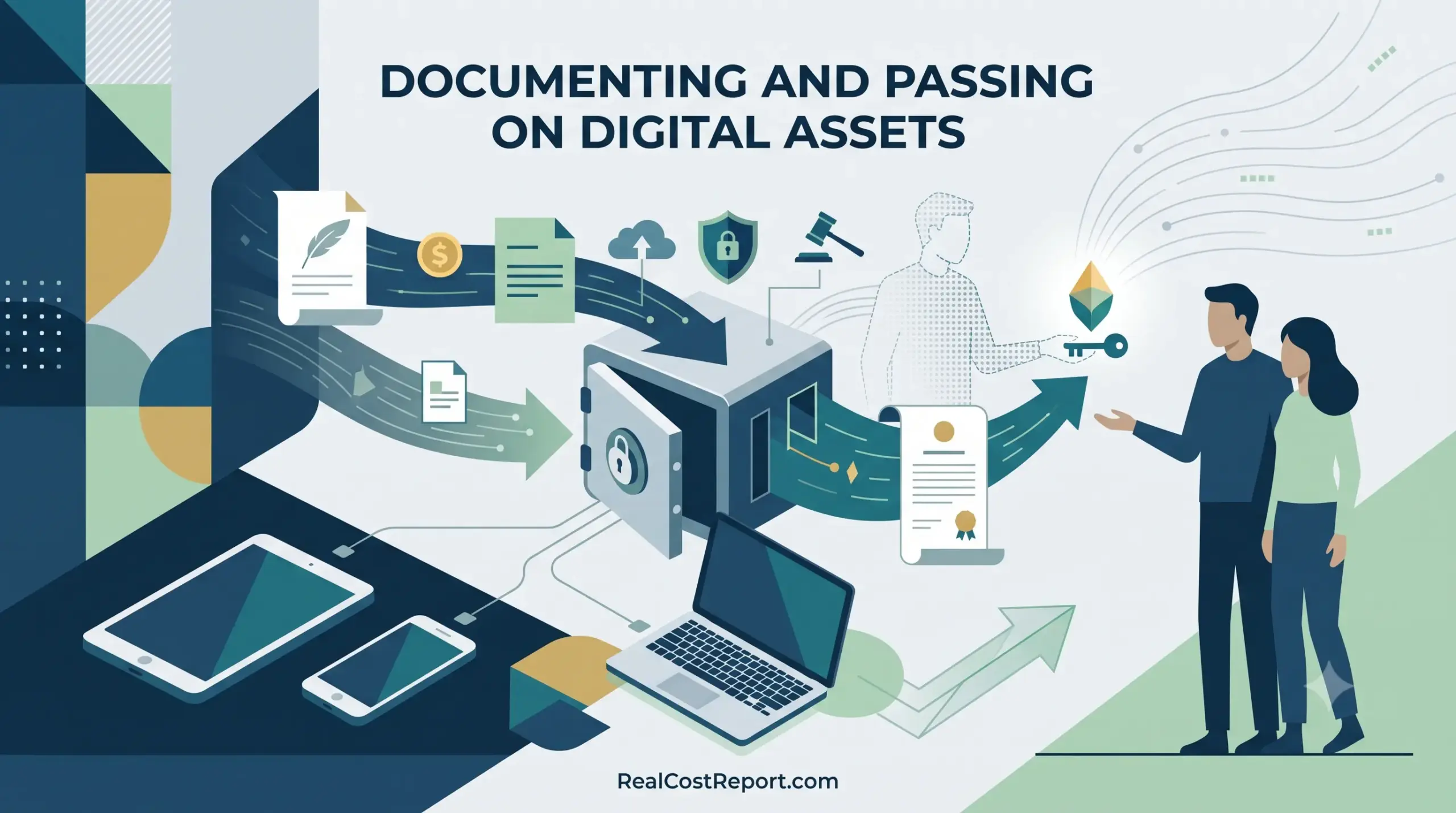 An illustration with text reading "Documenting and Passing on Digital Assets," featuring symbols of digital data, documents, and inheritance.