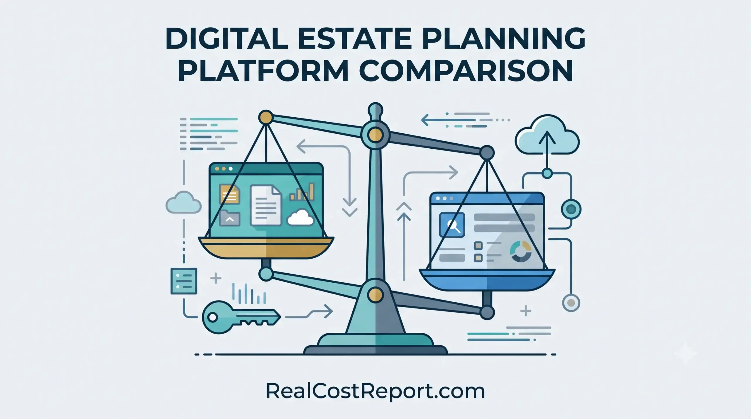 A clean vector illustration of a weighing scale comparing two digital screens, representing estate planning platforms, with icons.