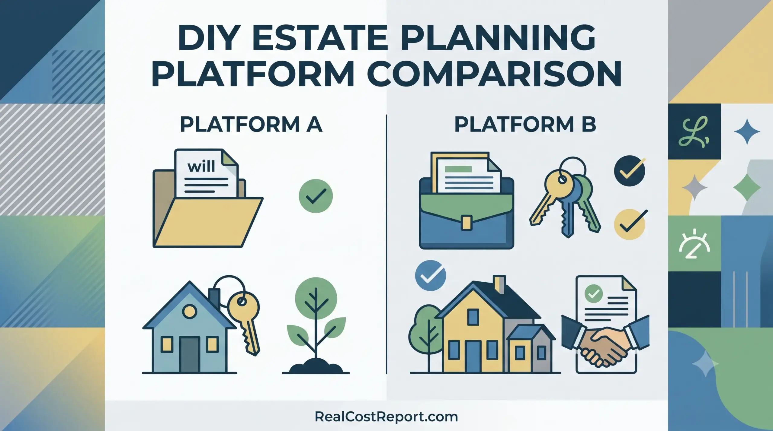 A geometric vector illustration comparing DIY estate planning platforms A and B, featuring icons for wills, homes, and assets.