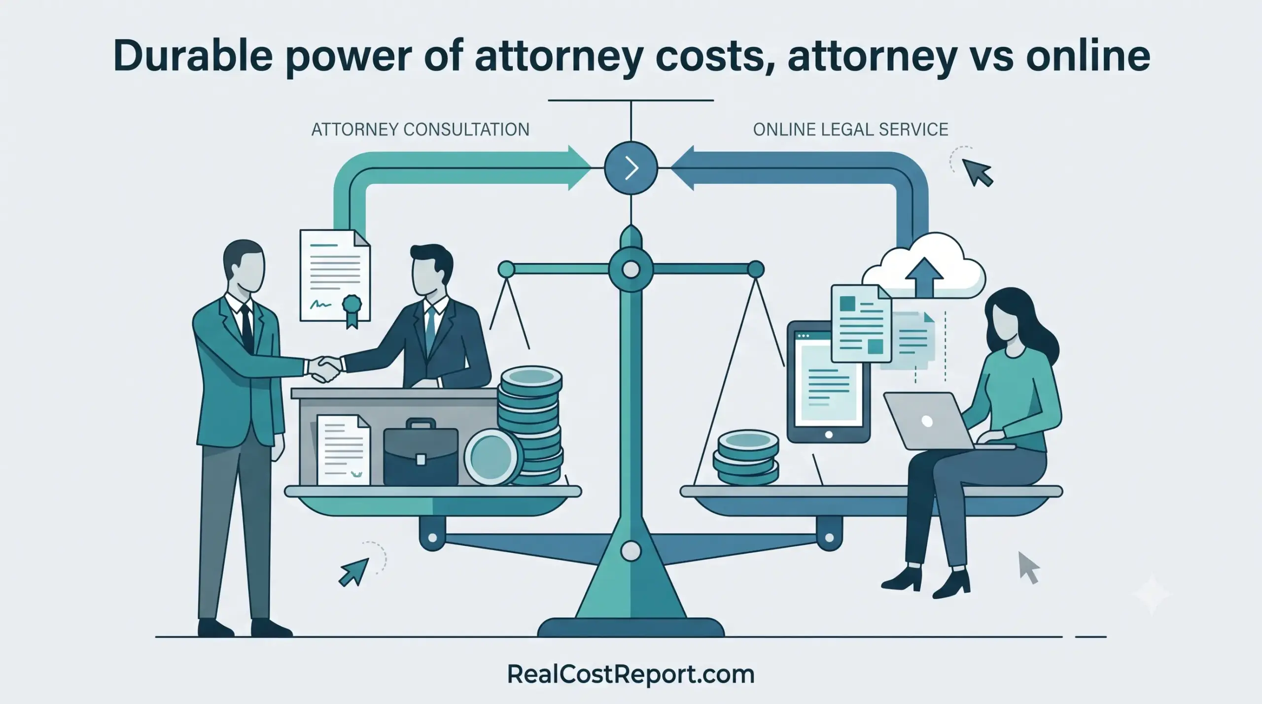 A geometric vector illustration contrasting a traditional lawyer meeting with an online service interface on a large scale.