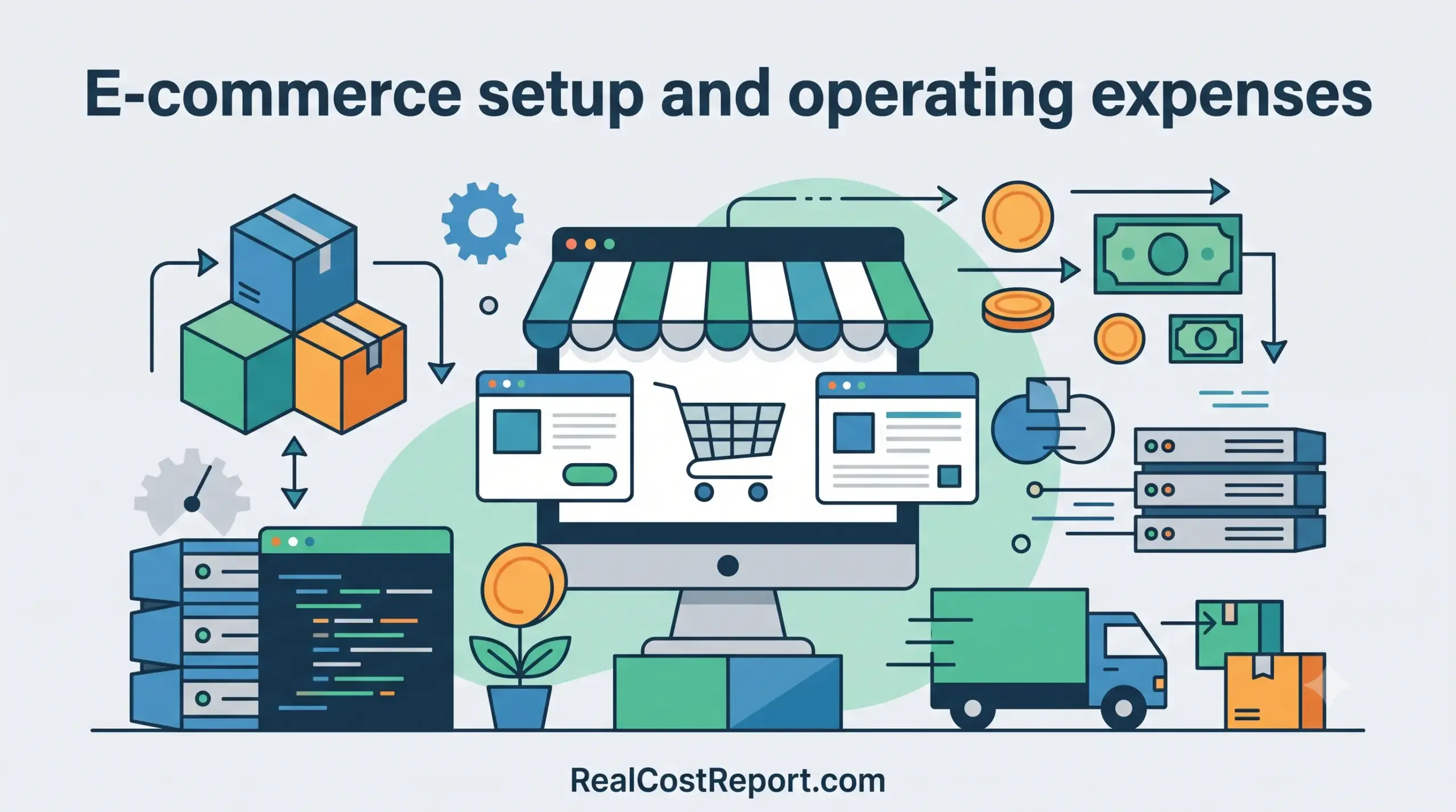Geometric illustration showing various e-commerce components like servers, logistics, and digital interfaces for an expense report.