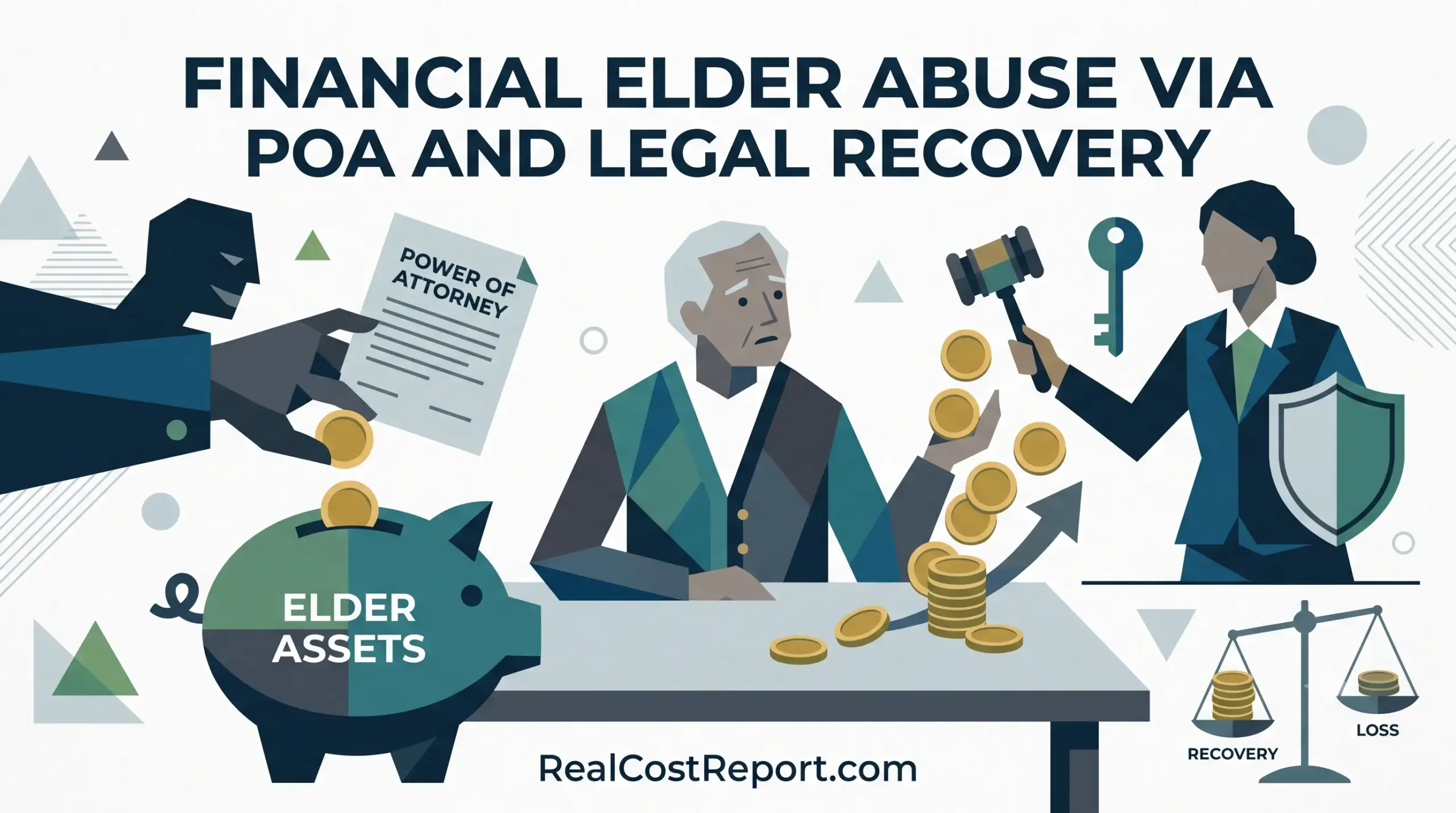 A vector illustration depicting an older man at a table, caught between a hand misusing a Power of Attorney and a legal professional with a gavel.