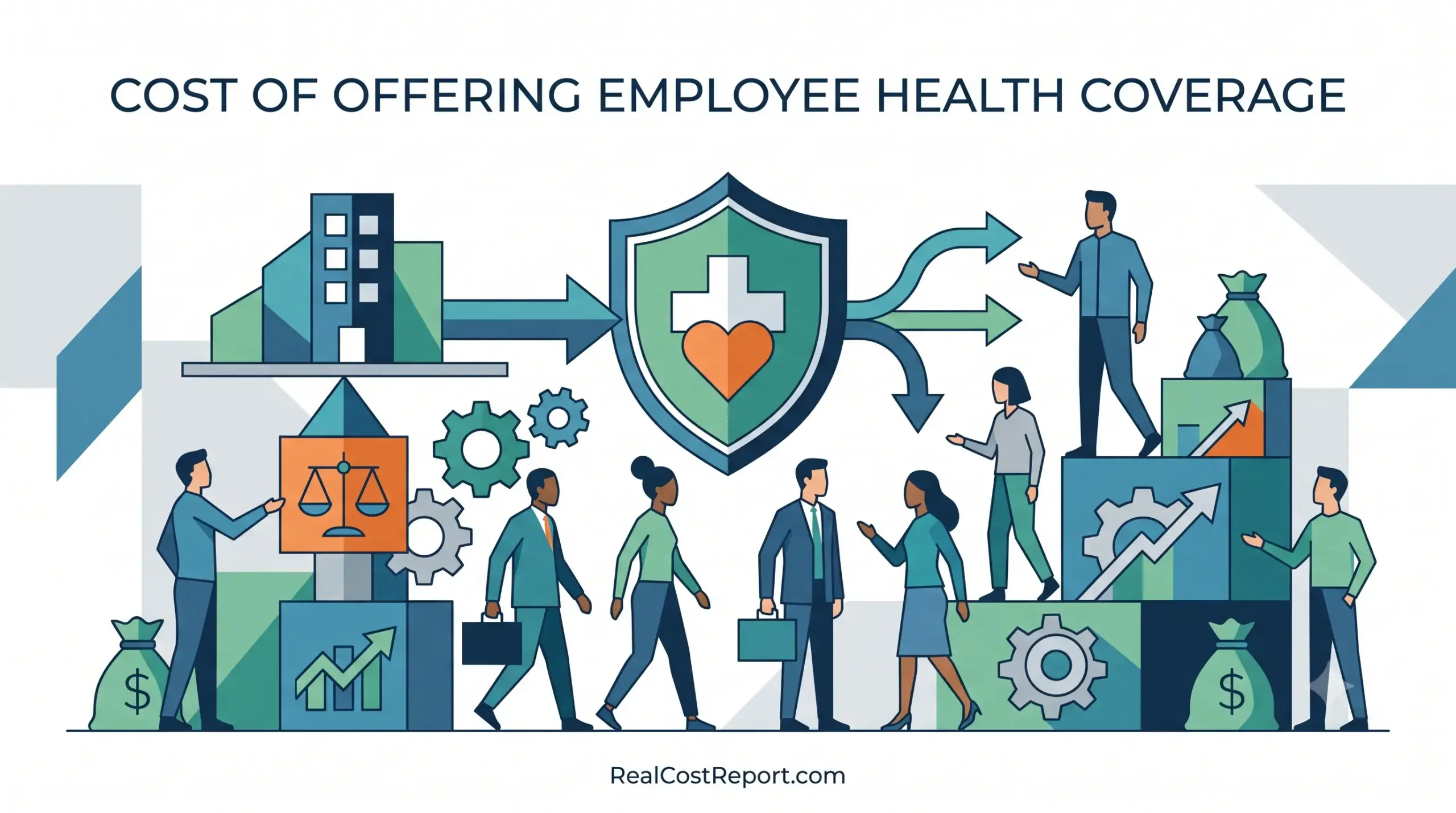 An editorial illustration shows geometric figures with a large shield, representing employee health coverage costs for a business.