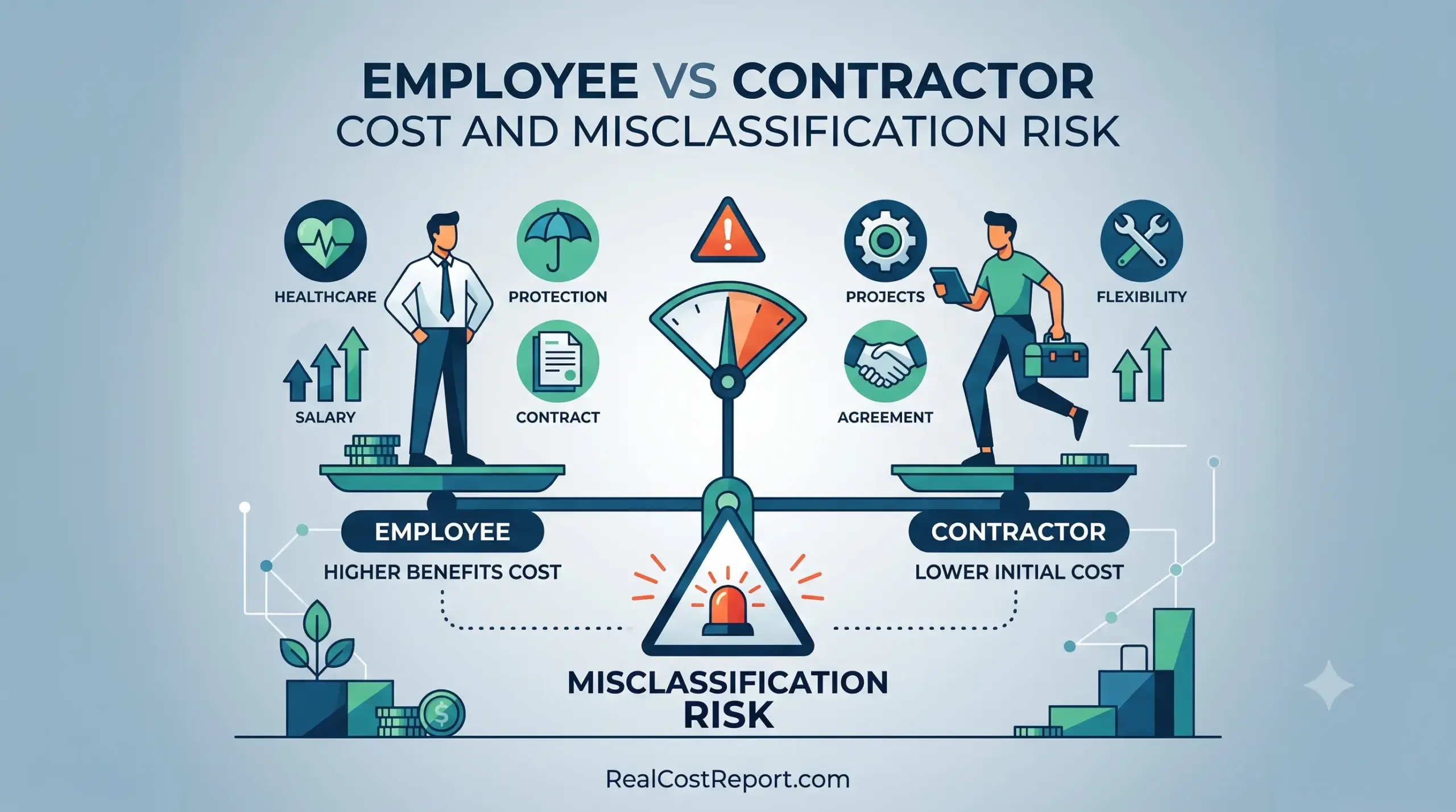 A vector illustration comparing employee and contractor costs on a balance scale, highlighting the risk of misclassification.