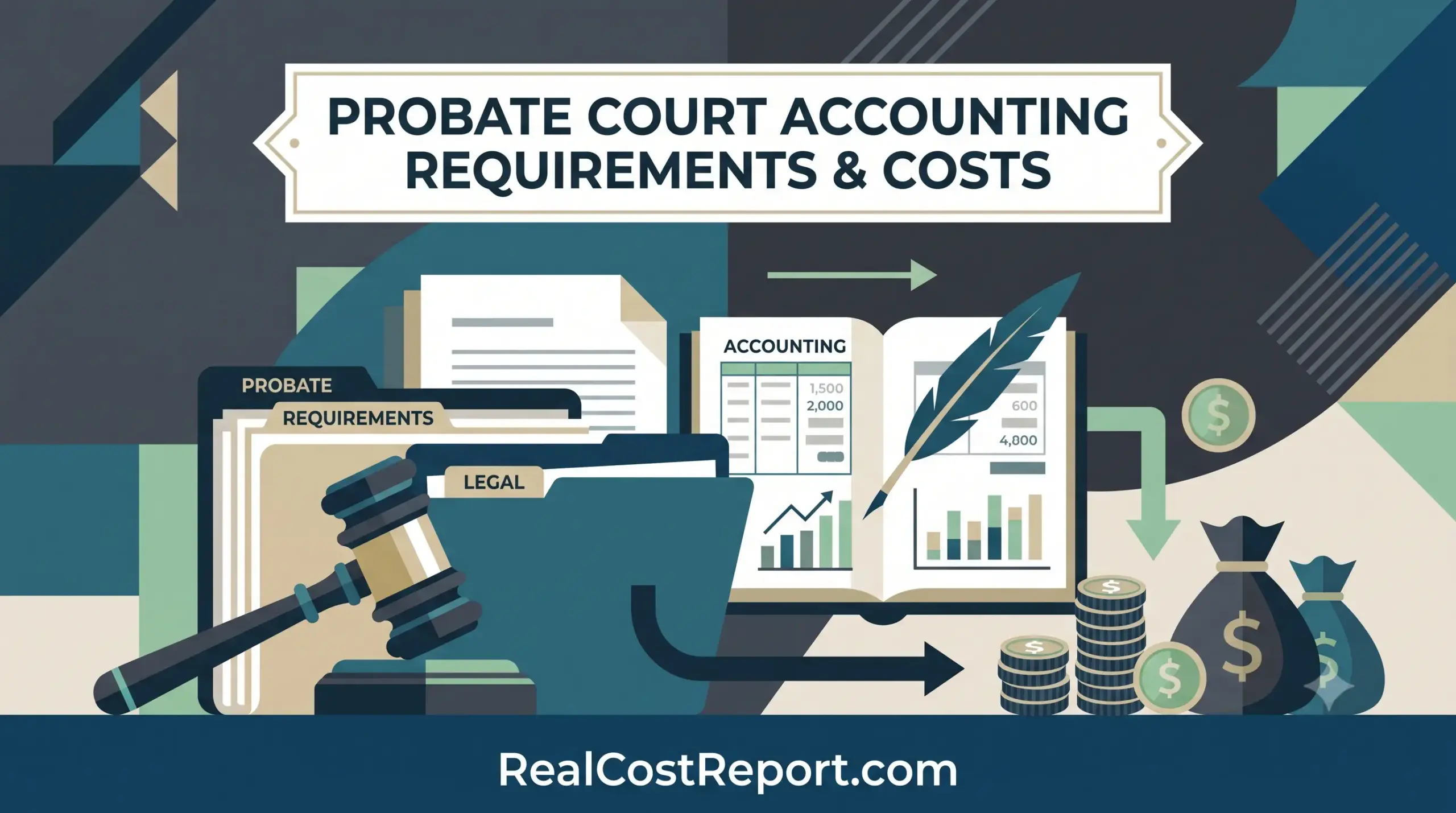 Geometric vector illustration with a gavel, legal folders, accounting ledger, and money representing probate court costs.