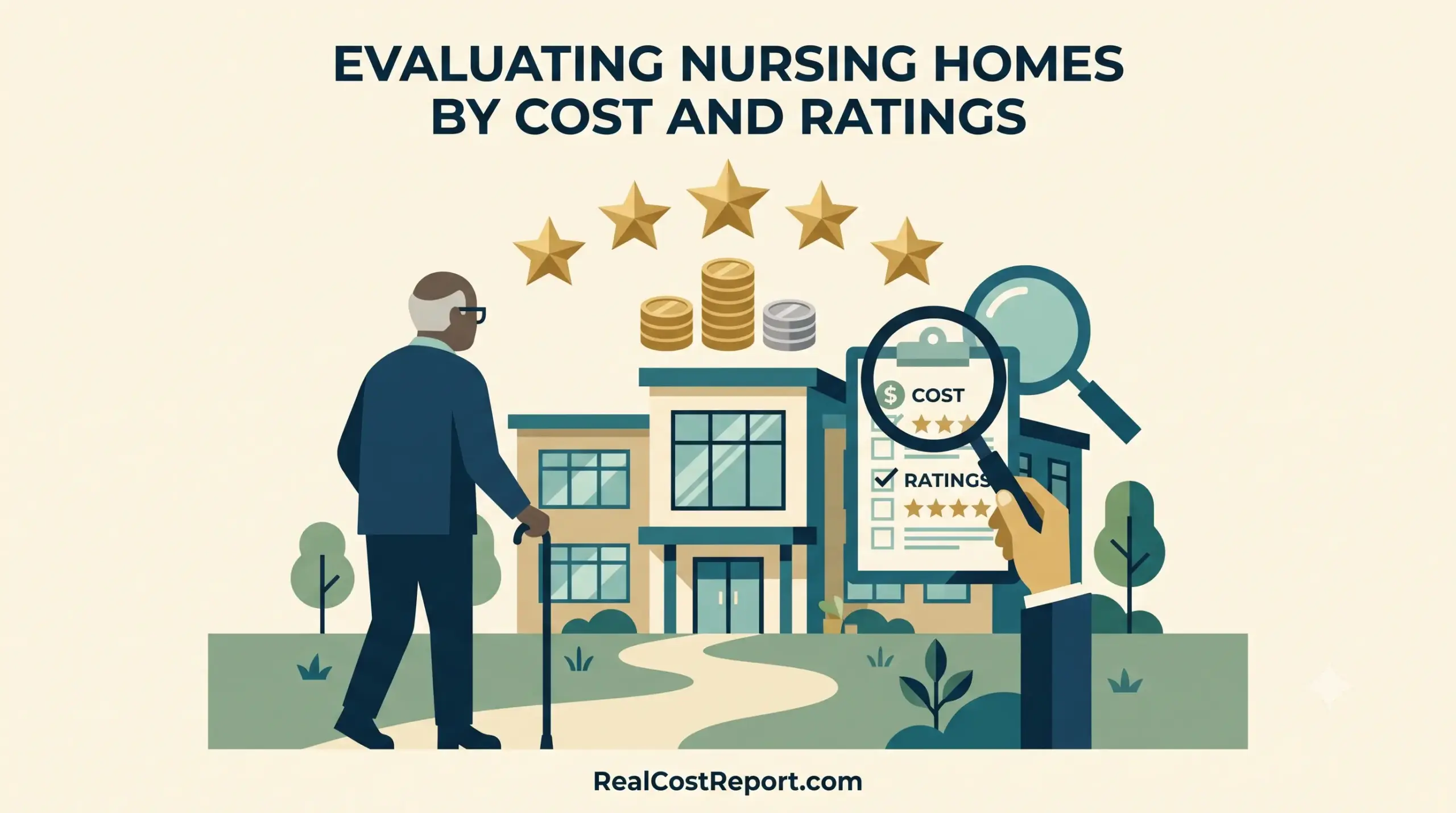 A geometric vector illustration shows an elderly man with a cane looking at a nursing home, with floating coins and star ratings above, a magnifying glass, and a cost/ratings checklist.