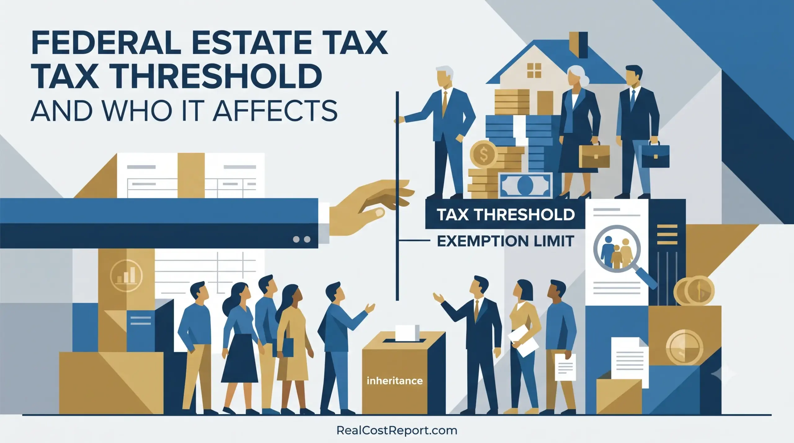 Geometric vector illustration depicting stylized people and property divided by an estate tax threshold line.
