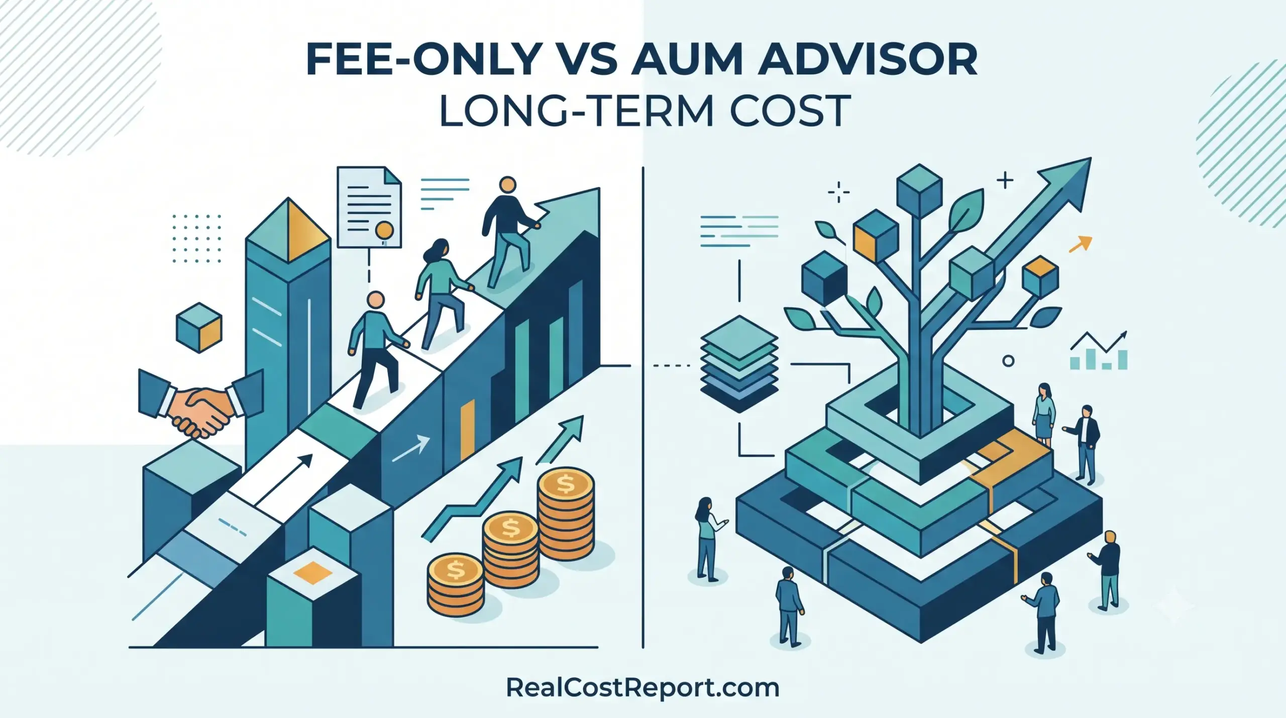 A modern vector illustration comparing two financial growth models, labeled 'FEE-ONLY VS AUM ADVISOR LONG-TERM COST'.