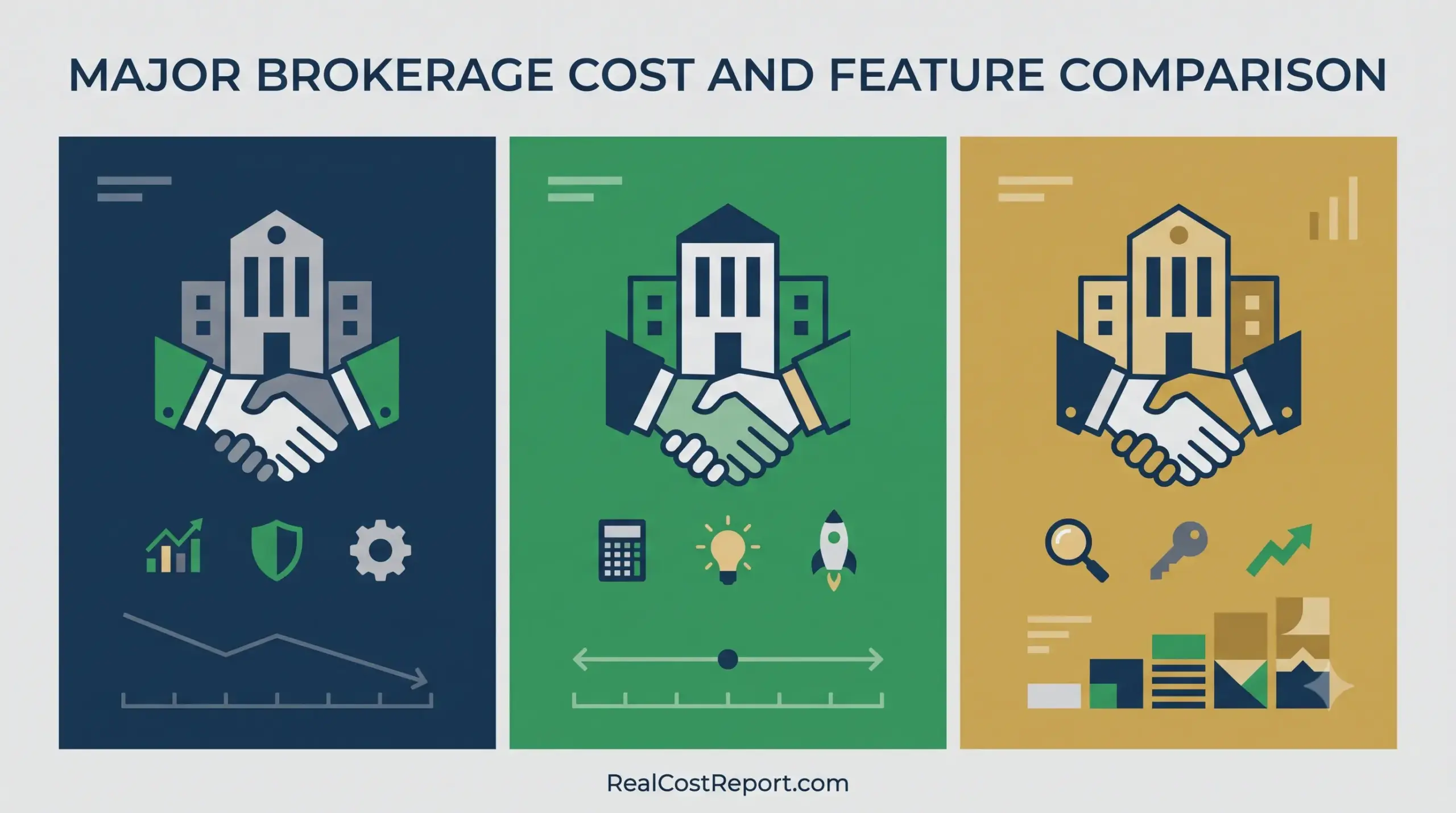 A flat geometric vector illustration compares brokerage features across blue, green, and gold panels with icons and charts.