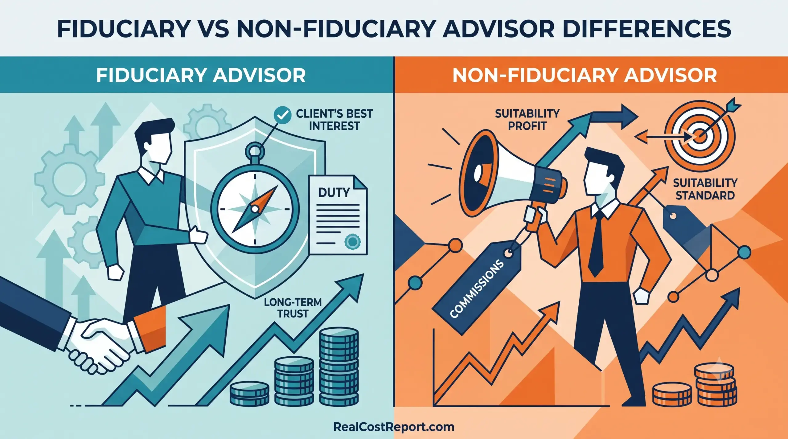A modern geometric illustration comparing fiduciary and non-fiduciary advisors. The left shows icons like a shield, compass, and 'Duty' for fiduciary, while the right includes a megaphone and 'Commissions' for non-fiduciary, all with 'RealCostReport.com' at the bottom.
