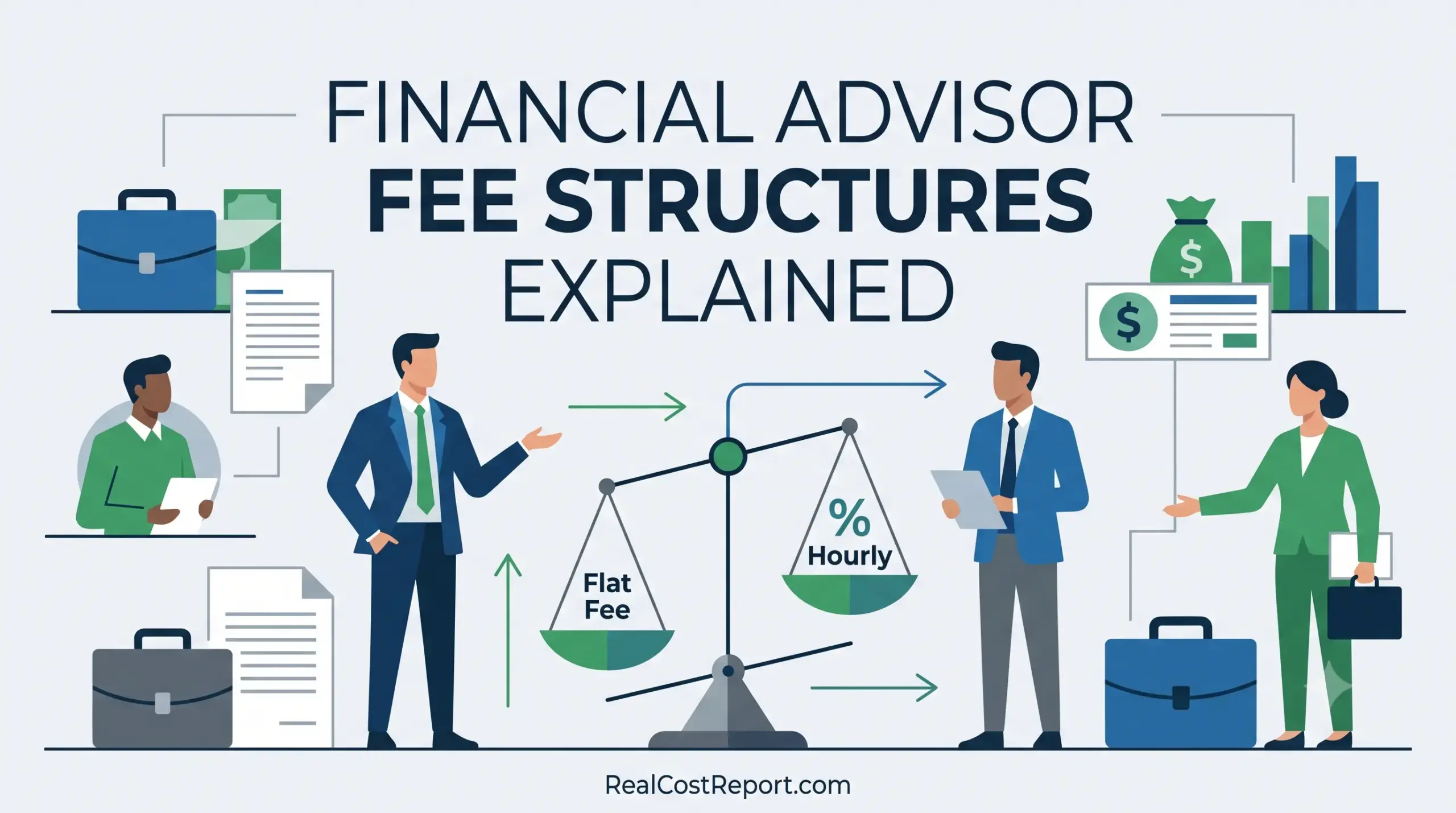 Geometric vector illustration of diverse financial advisors discussing fee structures with scales, briefcases, and graphs on a professional blue and green background.