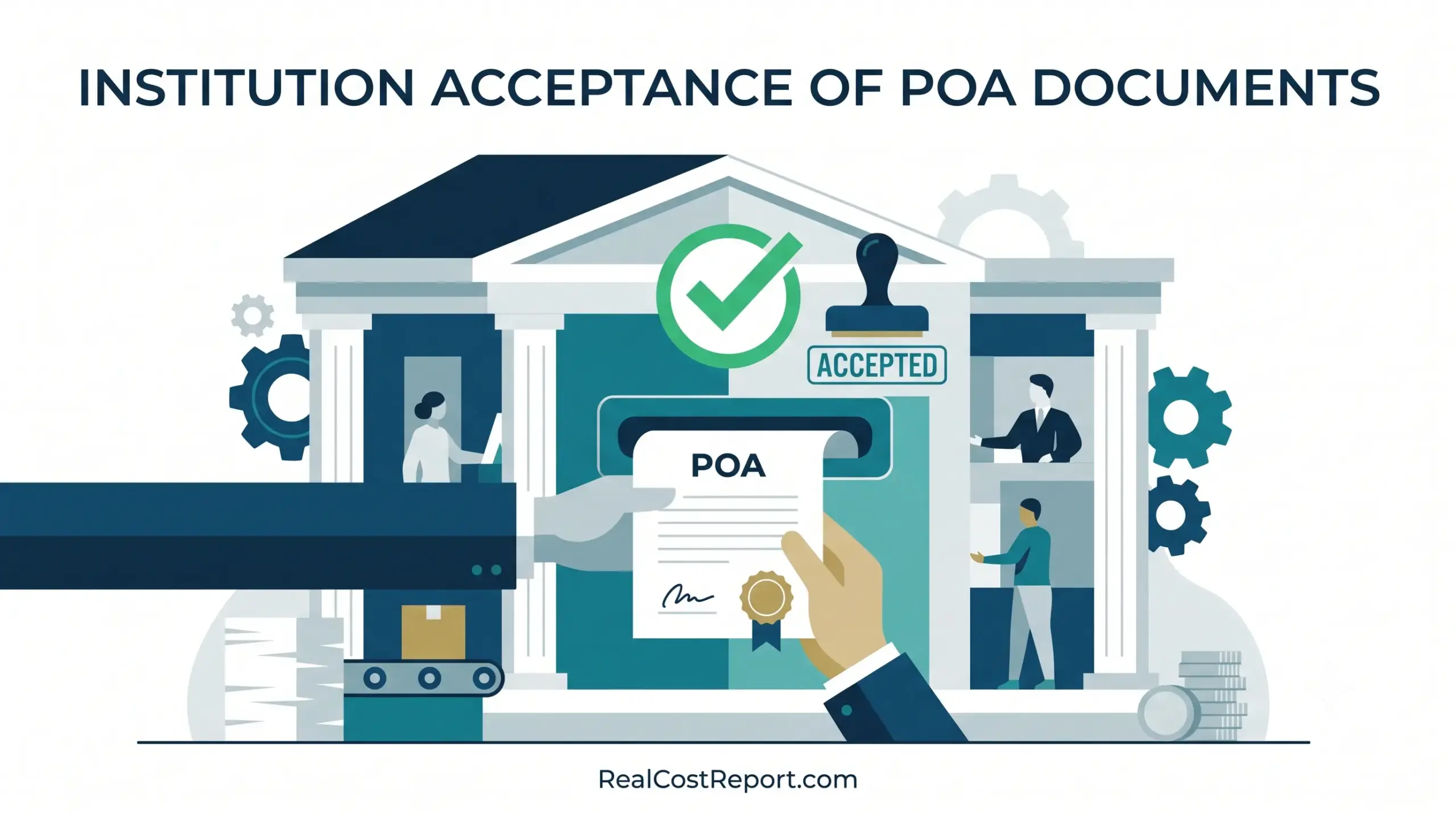 A flat vector illustration of an institution building accepting a POA document with a checkmark and 'ACCEPTED' stamp.