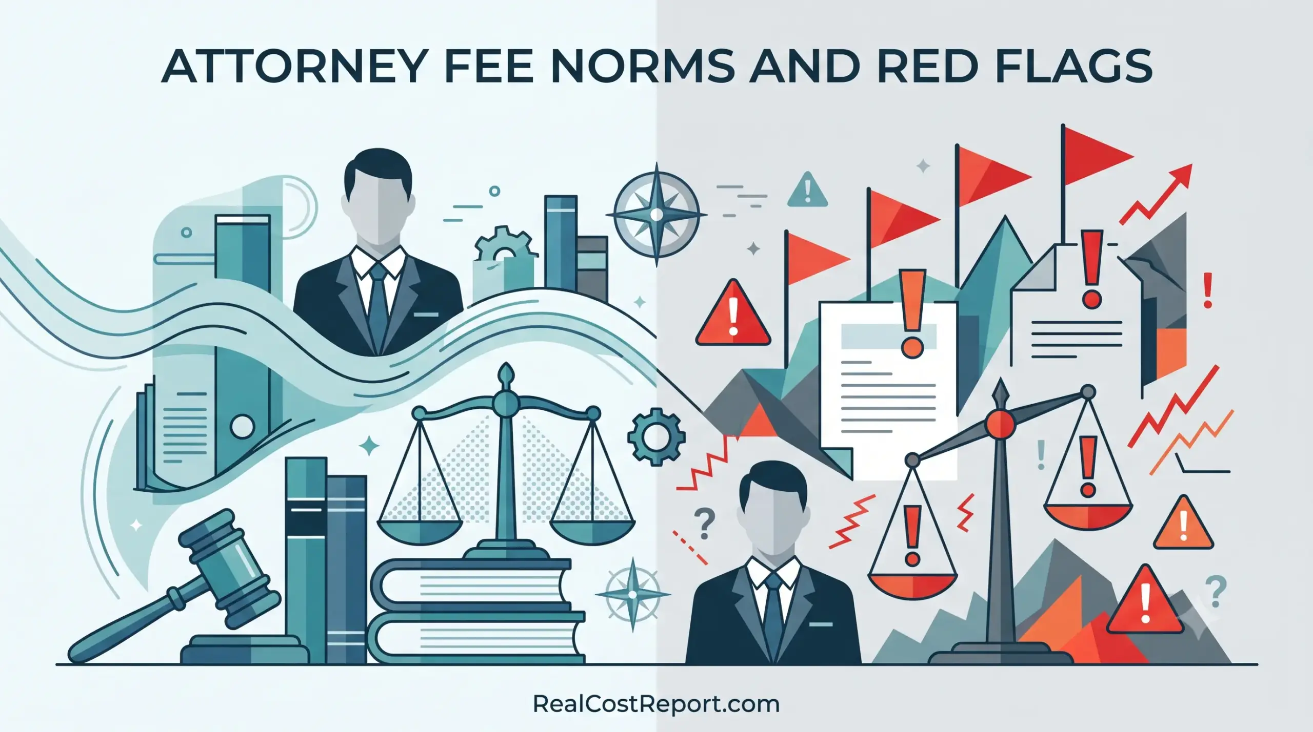 Geometric vector illustration of legal icons contrasting standard balanced scales with red warning flags for high attorney fees.
