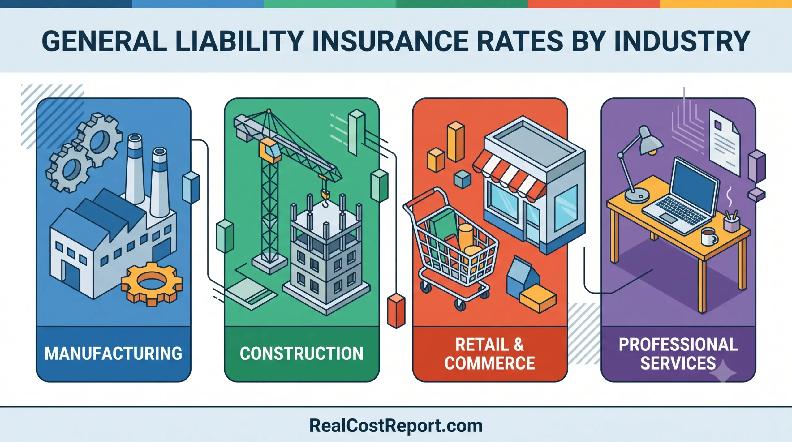 A geometric vector illustration showing different industries like manufacturing and construction for general liability insurance rates comparison. RealCostReport.com is at the bottom.